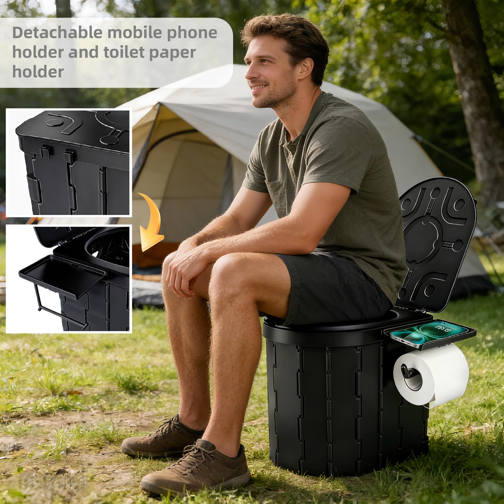 MEETOZ Toilettes portables, toilettes de camping pliables améliorées avec couvercle, toilettes de pêche, équipées d'un support de téléphone et d'un support de mouchoirs, parfaites pour le camping, les