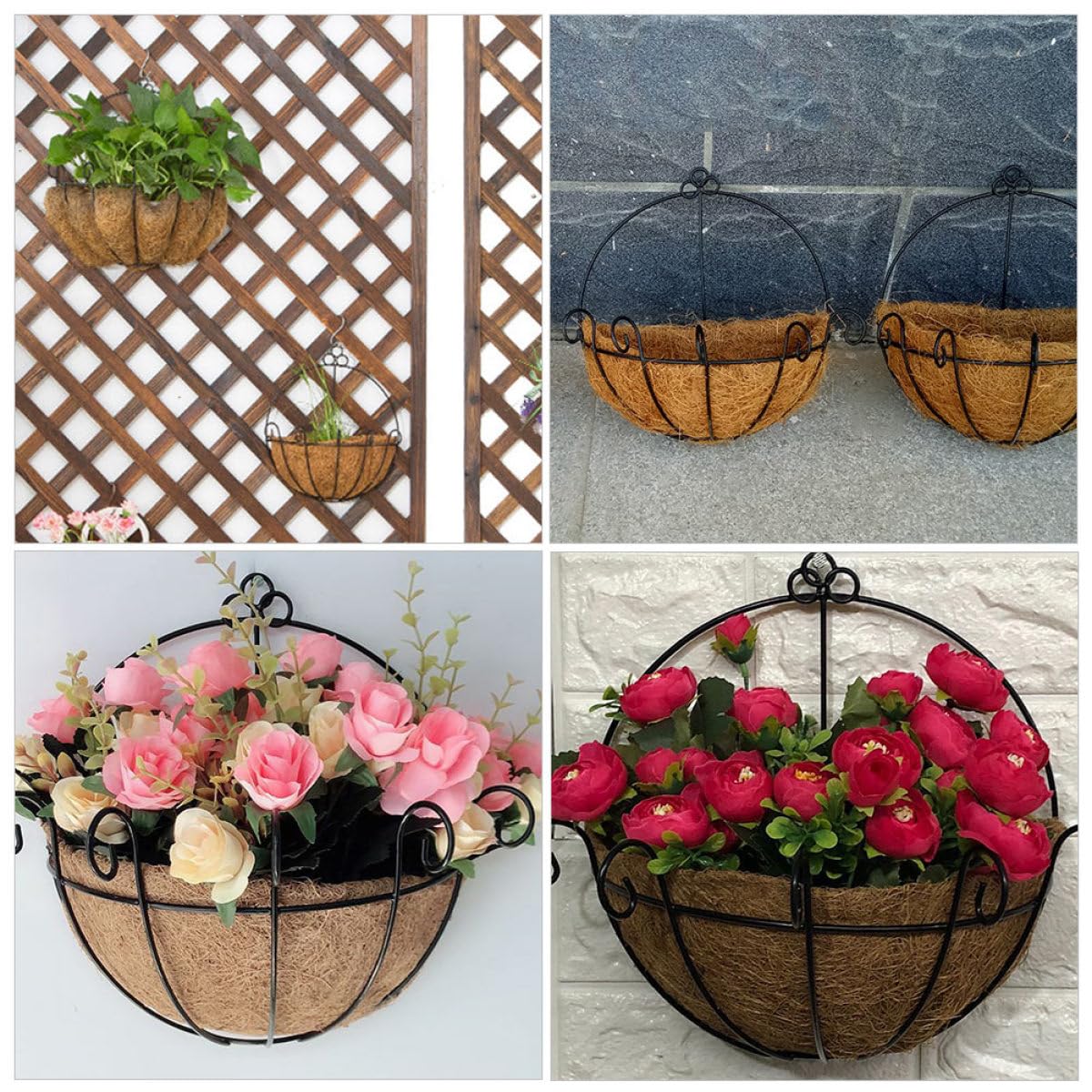 HOMSFOU Fioriere Sospese in Cocco 2 Pezzi Struttura in Ferro, Vasi da Fiori Intrecciati per Decorazioni da Parete, per Interno ed Esterno, Balcone, Giardino e Veranda