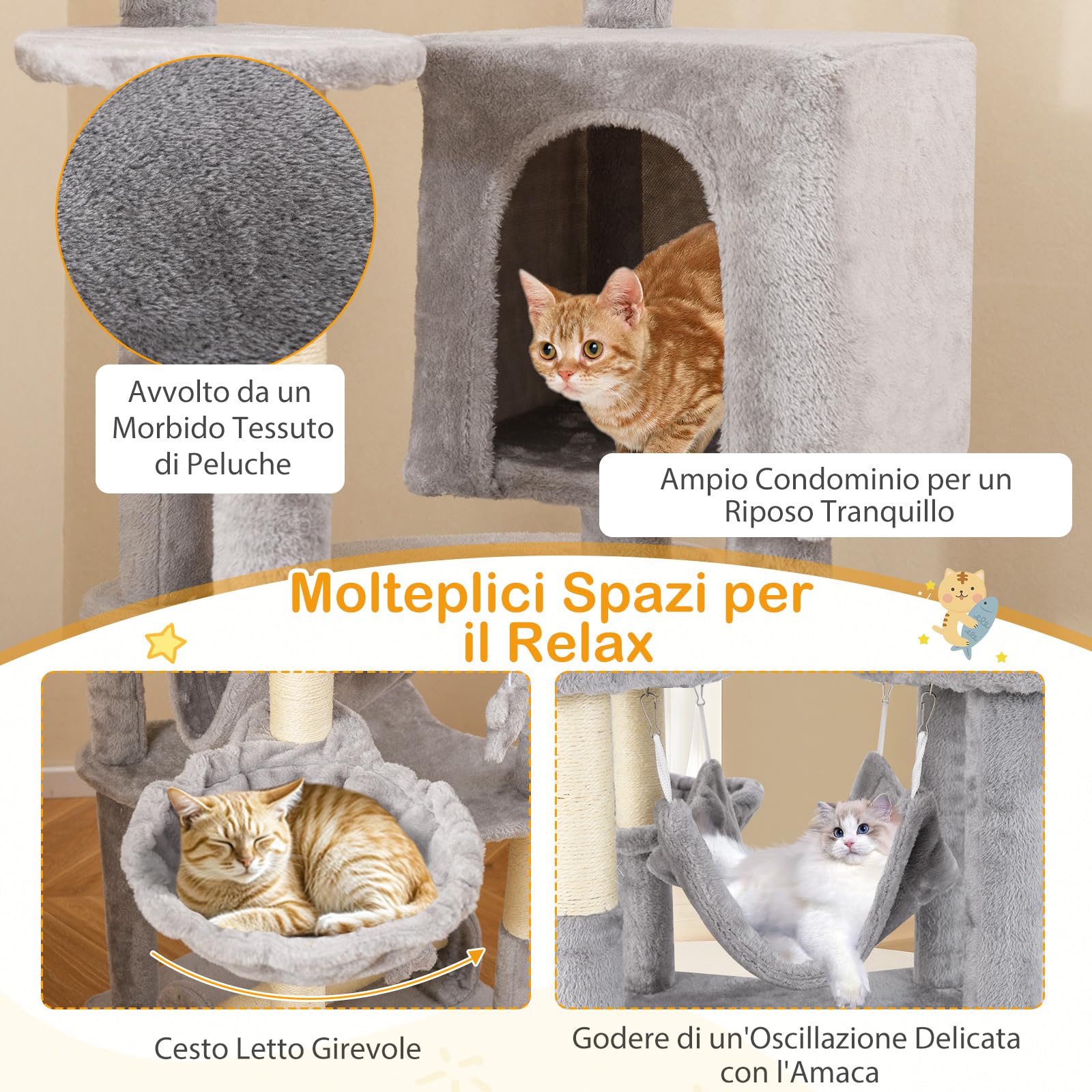 COSTWAY Tiragraffi 176cm, Albero per Gatti con Letto a Cesta, Amaca, Palline, Piattaforme di Salto, Giocattoli, Torre per Animali Domestici da Interno, Grigio