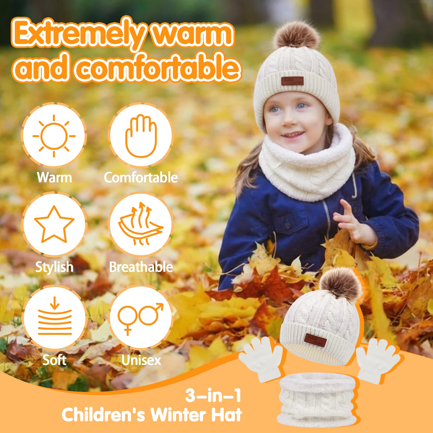3 en 1 niños gorro de invierno bufanda guantes Set