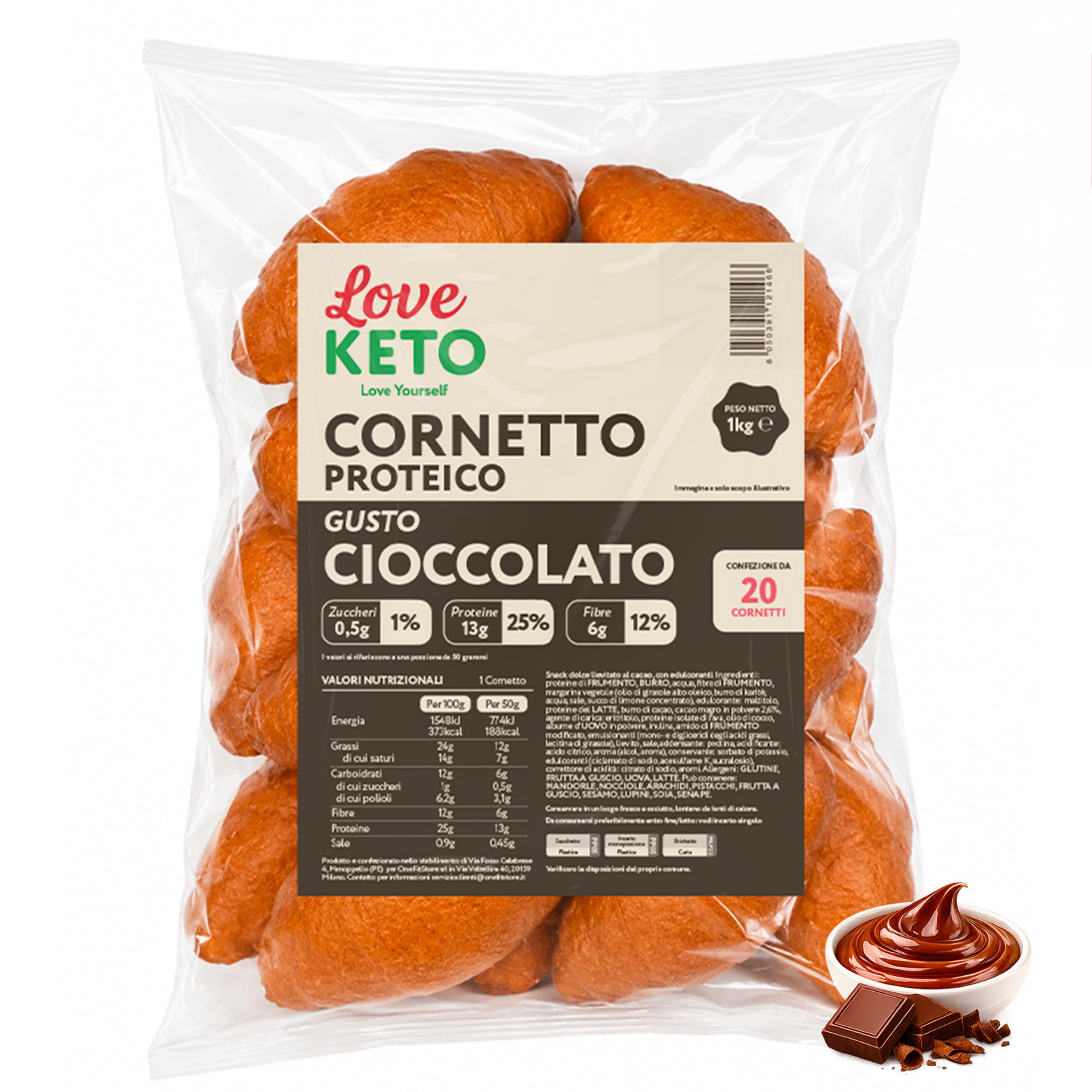 Cornetti proteici low carb ripieni al cioccolato 20 confezioni da 50gr - Made in Italy