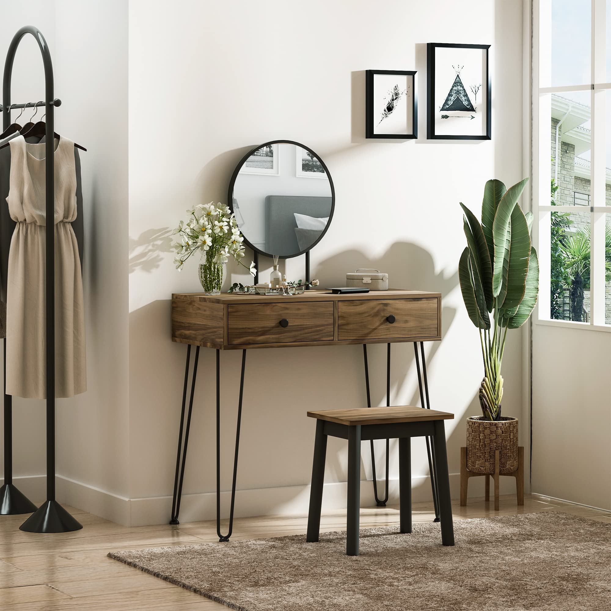 HOMCOM Postazione Trucco in Stile Industriale, Toeletta Trucco in Legno | Con Sgabello e Specchio, Postazione Makeup in Metallo per Camera da Letto