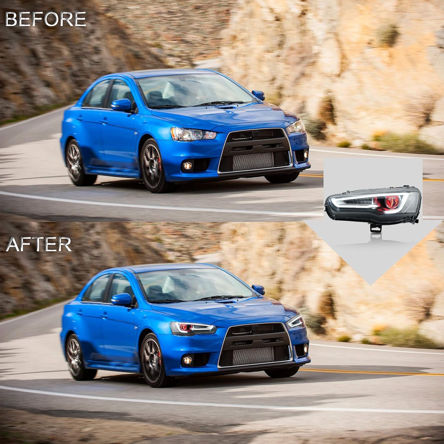 VLAND Headlights Assembly Fit for Mitsubishi Lancer& EVO X 2008-2020 W/DRL, LED Front light with Sequential Turn Signal, Plug-n-Play Headlamp with Demon Eyes, Chromed Housing