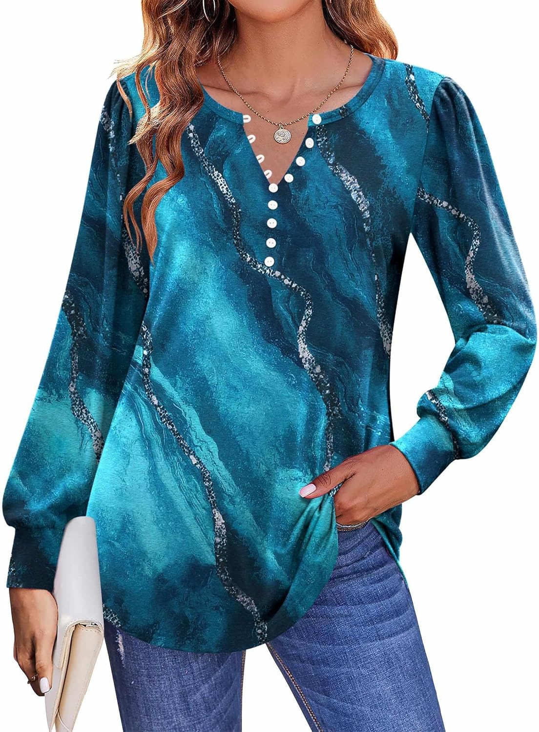 Zeagoo Fall Tops for Women Long Sleeve Button Up Shirts Floral Tunics V Neck Pullover Blouse - Image 4
