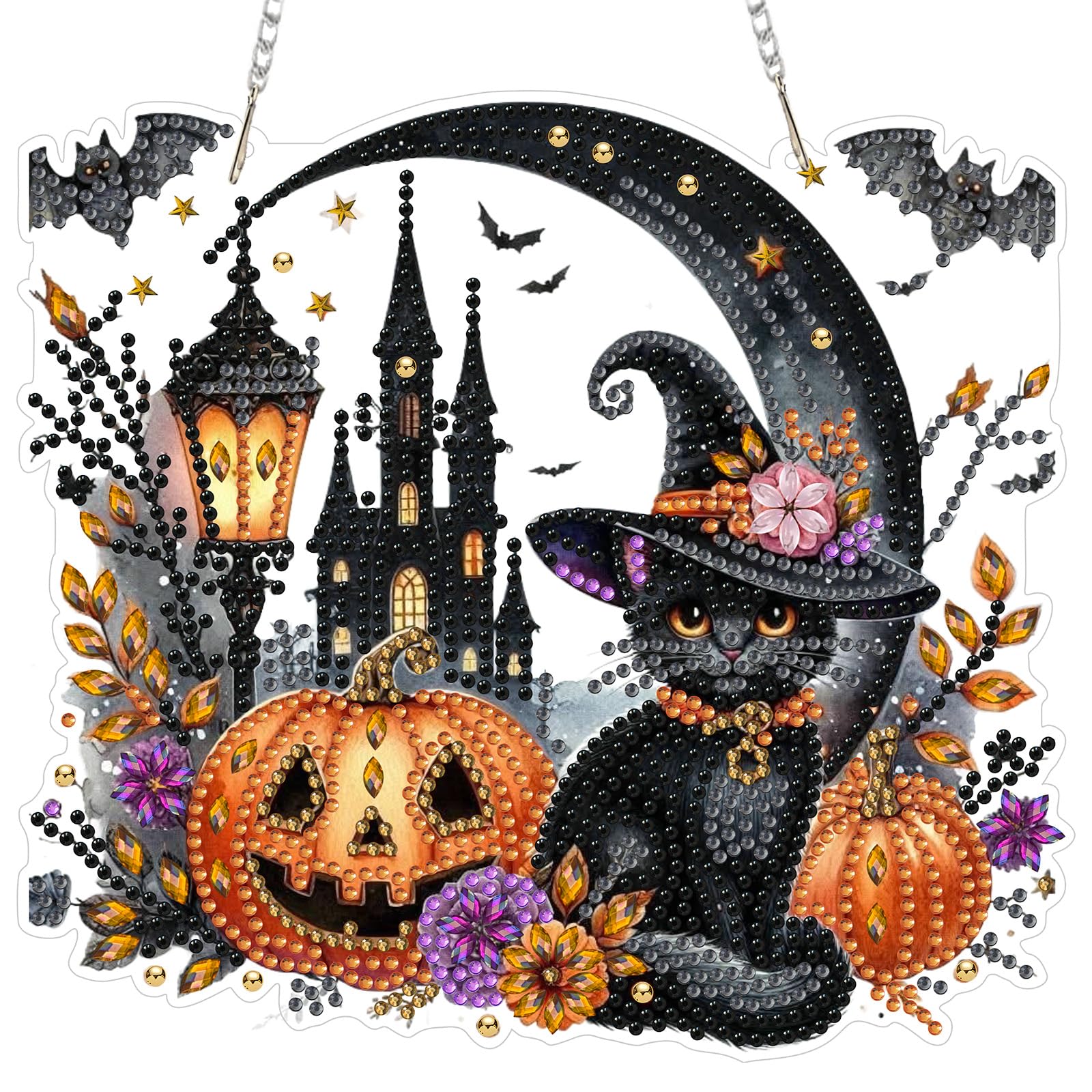 MOGTAA Halloween Diamond Art Hanging Kits for Adults Kids, 5D Special Shape Black Cat Diamond Painting Pendant Kits, Crystal Rhinestones Castle Gem Arts Crafts Kit for Home Wall Decor Gifts