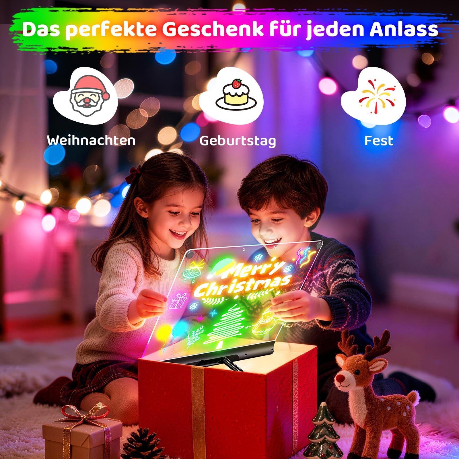 Geokay LED Zeichenbrett für Kinder, Wiederaufladbare LED Maltafel 41 cm, 9 Lichtmodi mit Timer & Ständer, LED Zeichentafel für Mädchen & Jungen, 6 Stifte & Vorlagenbuch, Schwarz