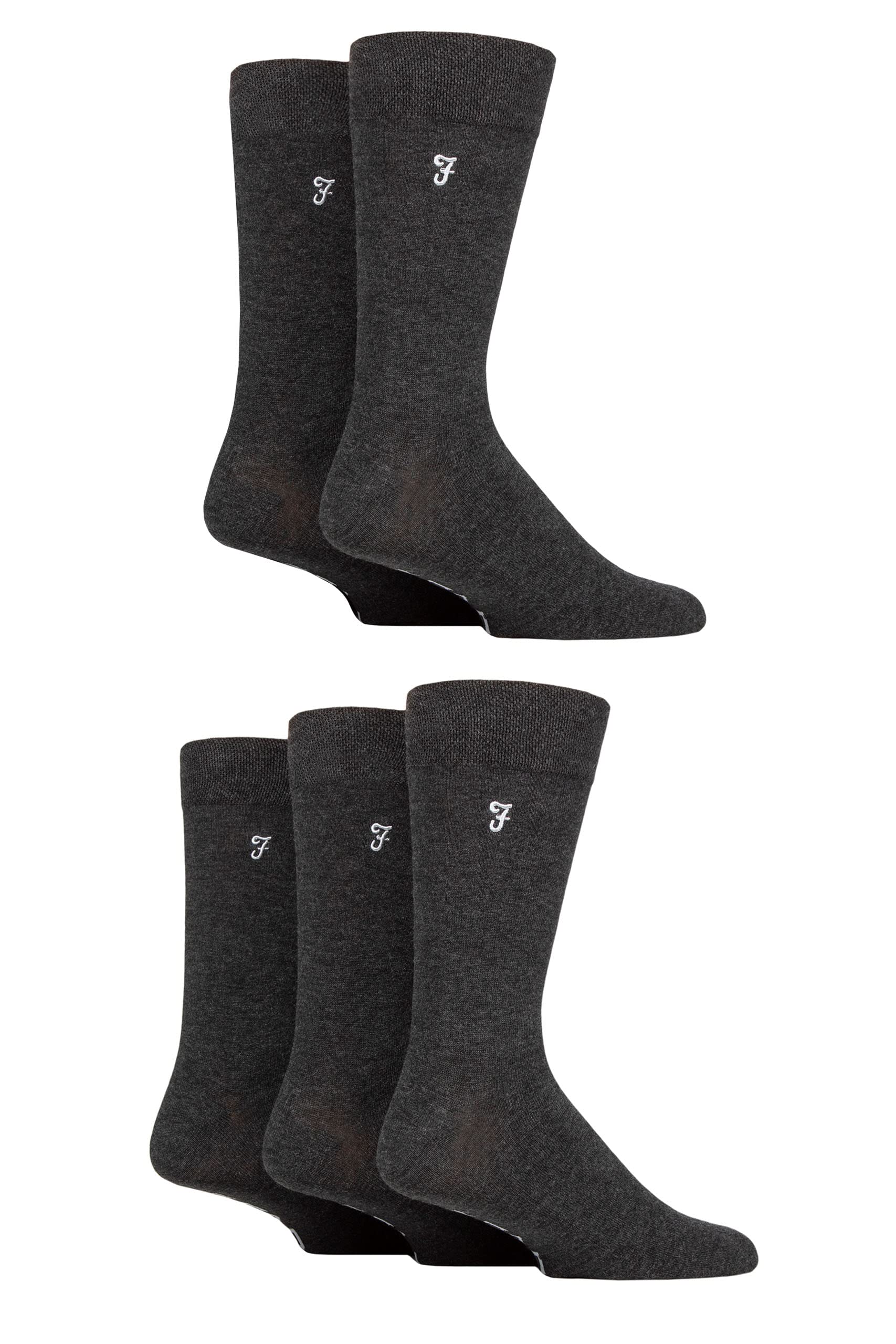 Farah Mens Bamboo Socks Plain and Patterned Striped Argyle Spotty Designs, Bright Colourful, Gift for Him, 5 Pairs - Plain Charcoal 6-11