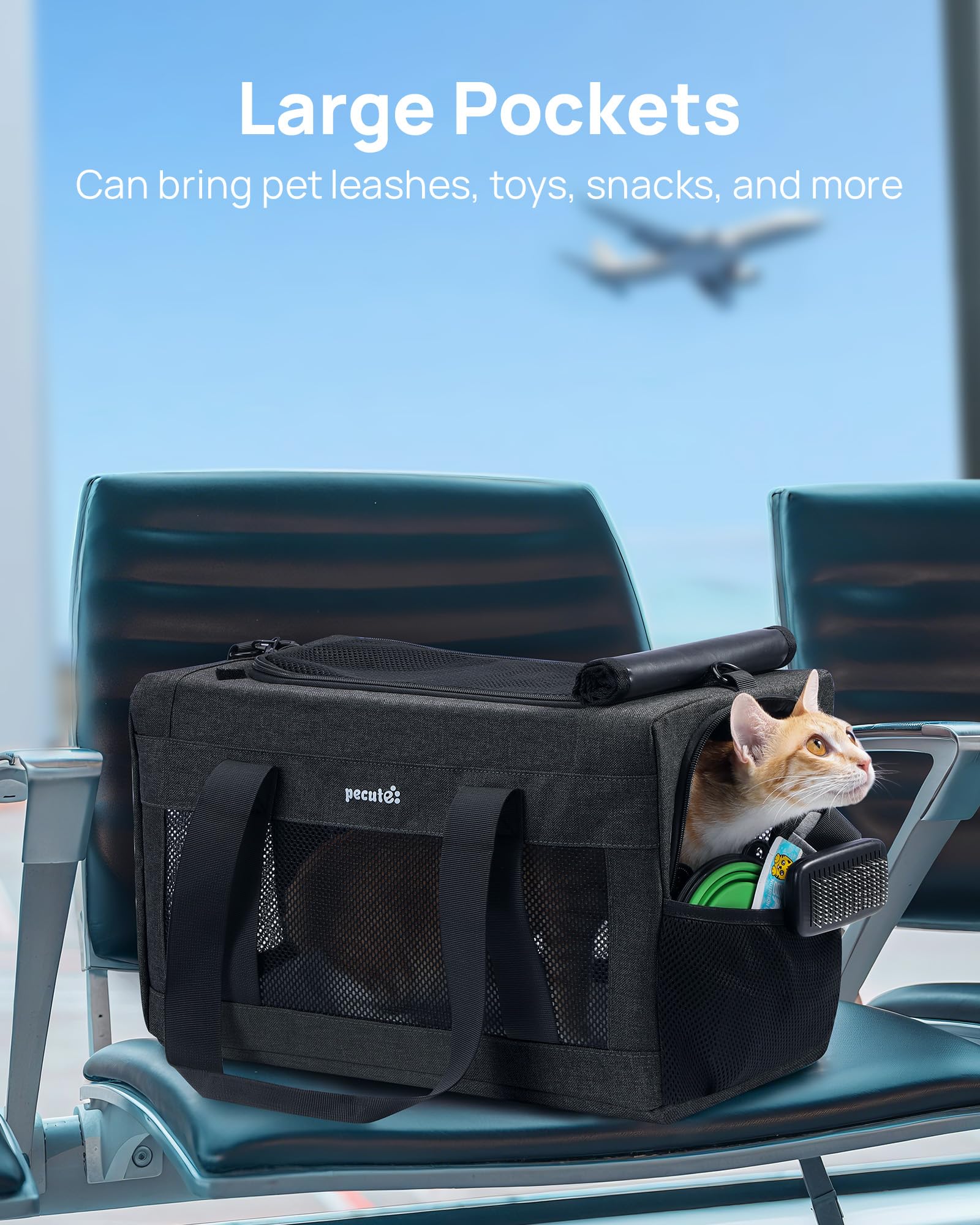 pecute Katzentasche Transporttasche Stabiler, Hundetransporttasche Halt Haustier Tragetasche,Katzentragetasche Leicht, Belüftete Katzentransportbox für Reisen,Auto,Tierarzt, bis 4 kg,Dunkelgrau