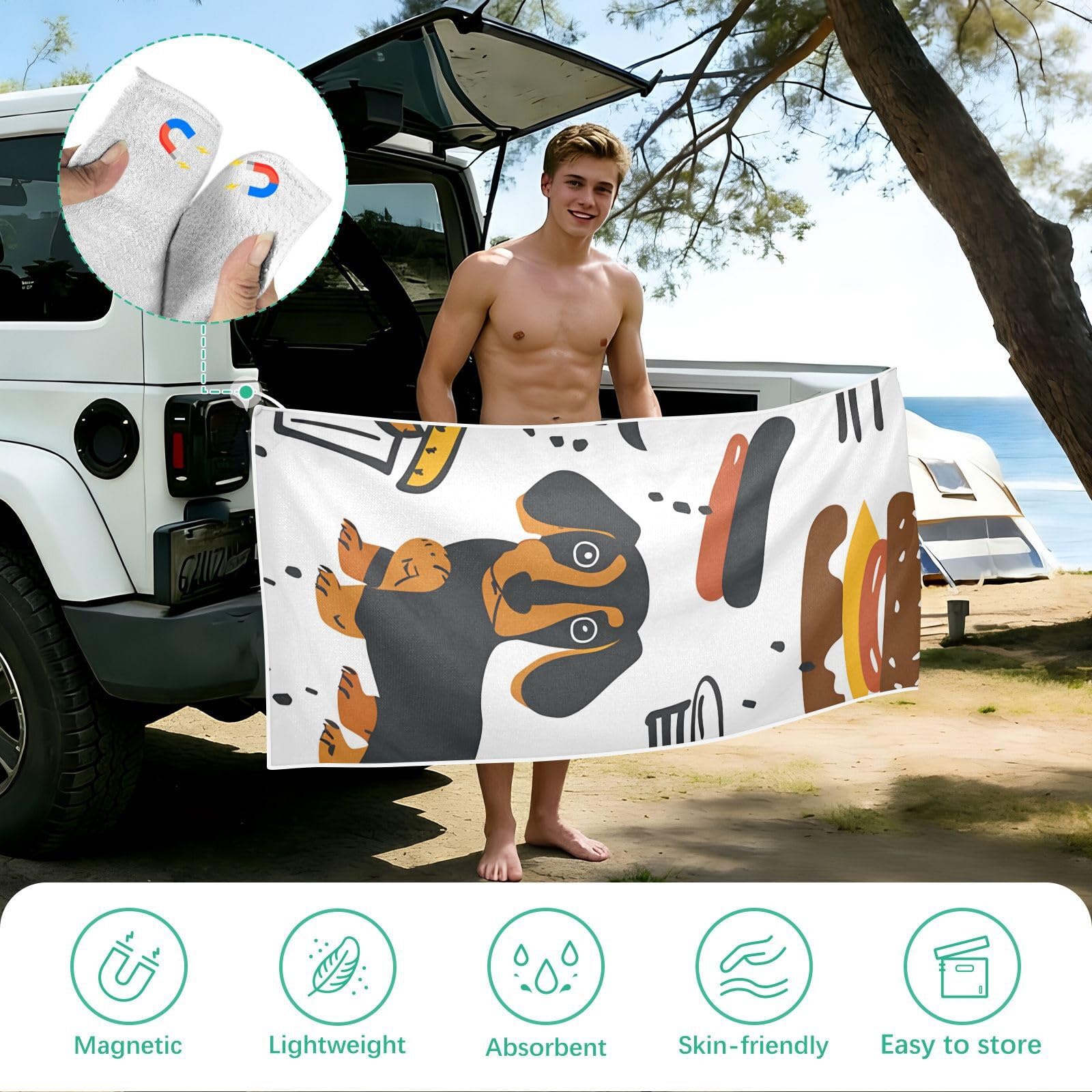 Toallas de playa grandes con bolsas de malla para adultos, bonita y simple toalla de baño de perro salchicha con cierre magnético, toalla absorbente de secado rápido para piscina, camping y
