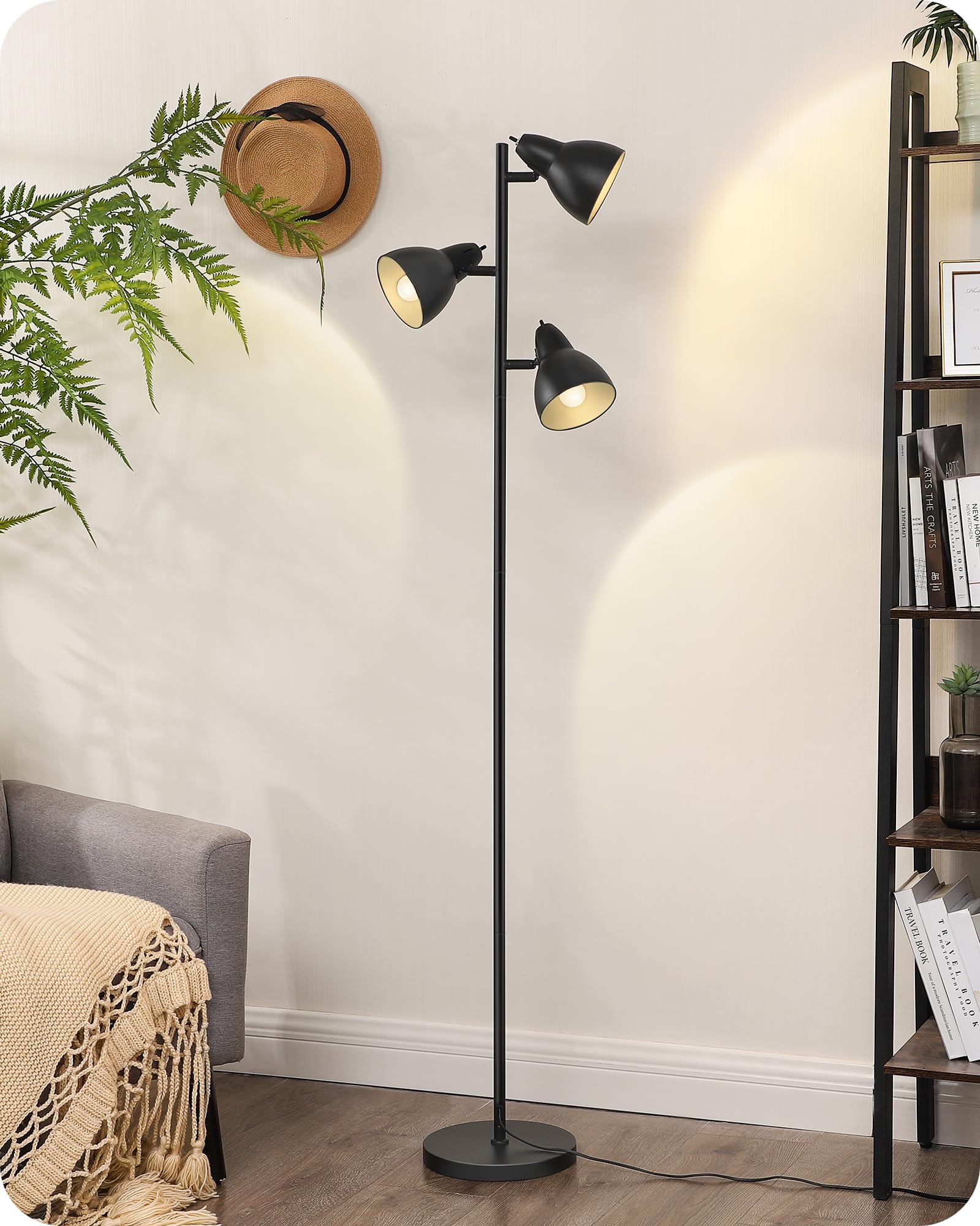 EDISHINE Lampa podłogowa do salonu, wychylna, 3 światła, ściemniana dioda LED | 2700 K ciepła biel, oprawka E27, z pojedynczym przełącznikiem, lampa podłogowa 163 cm do sypialni i biura, czarna