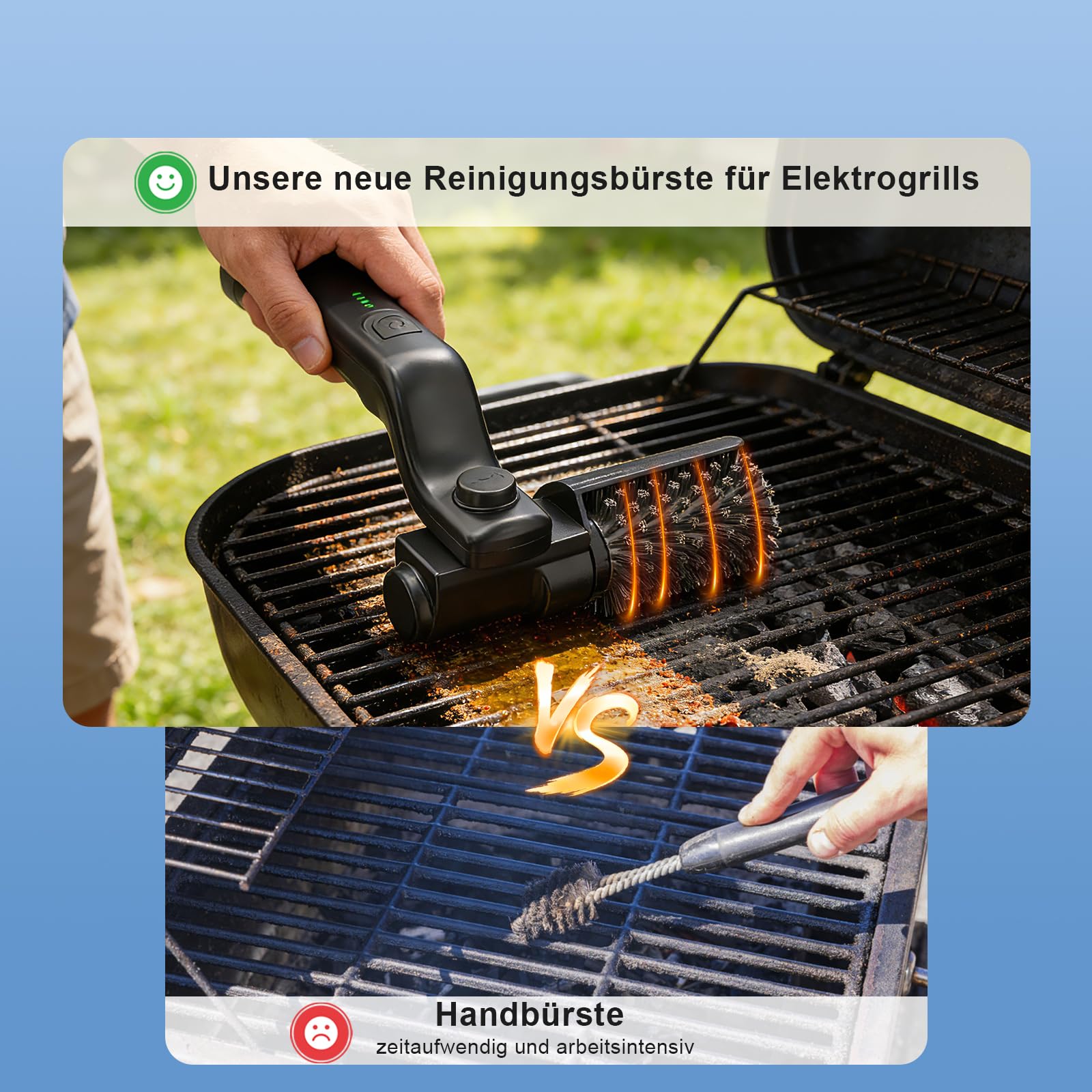 Elektrische Grillbürste Akku mit 180° verstellbarem Winkel, kabellos Wasserdicht Grillreiniger für Holzkohlegrill, Edelstahl Bürstenkopf, 3 Stufen Reinigung, BBQ Zubehör