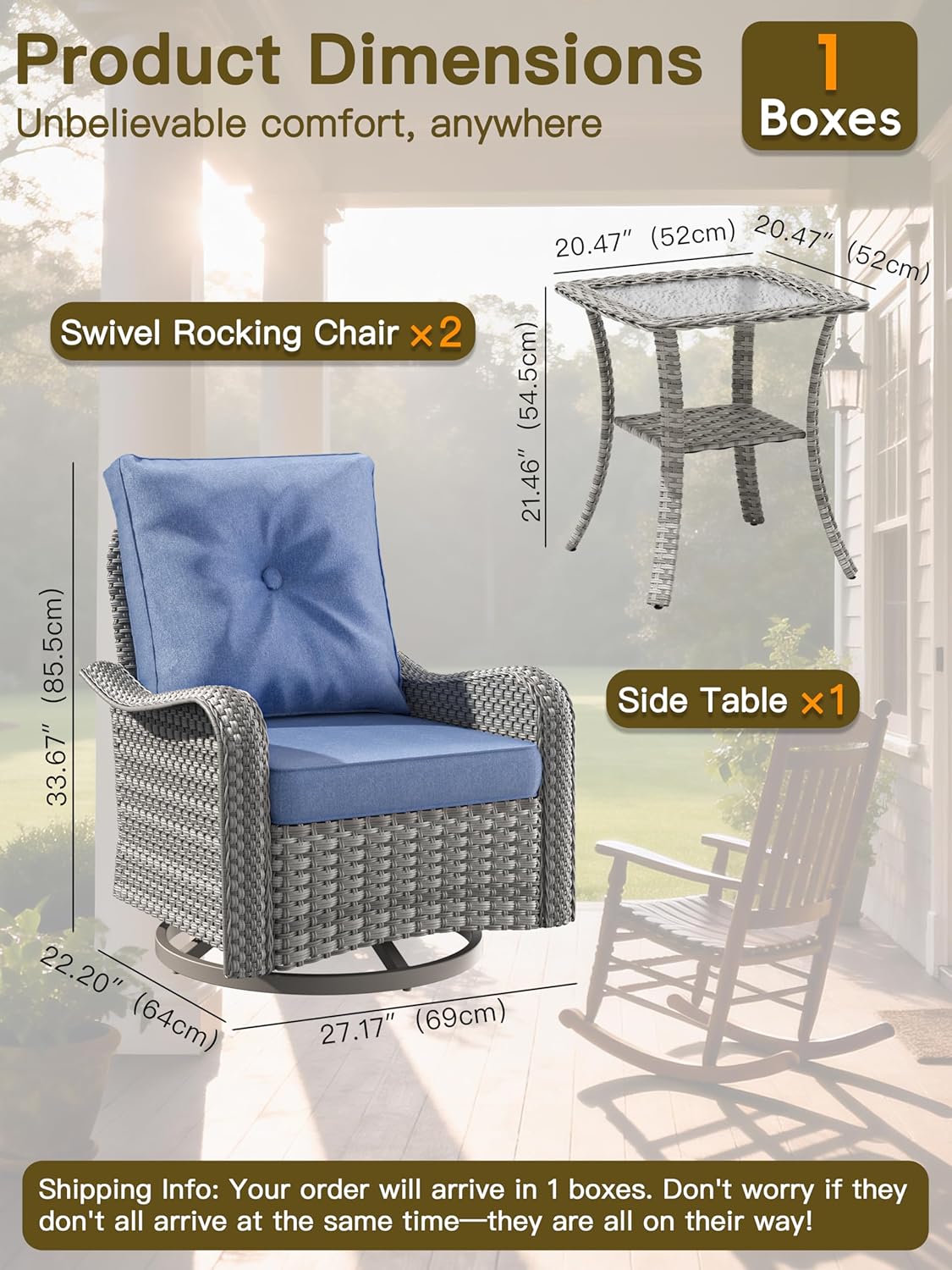 3-Piece Patio Furniture Set, Outdoor Swivel Rocking Chairs with 4" Thick Cushions & Side Table, All-Weather PE Rattan & Rust-Resistant Steel Frame Conversation Set for Porch, Garden, Backyard, Blue