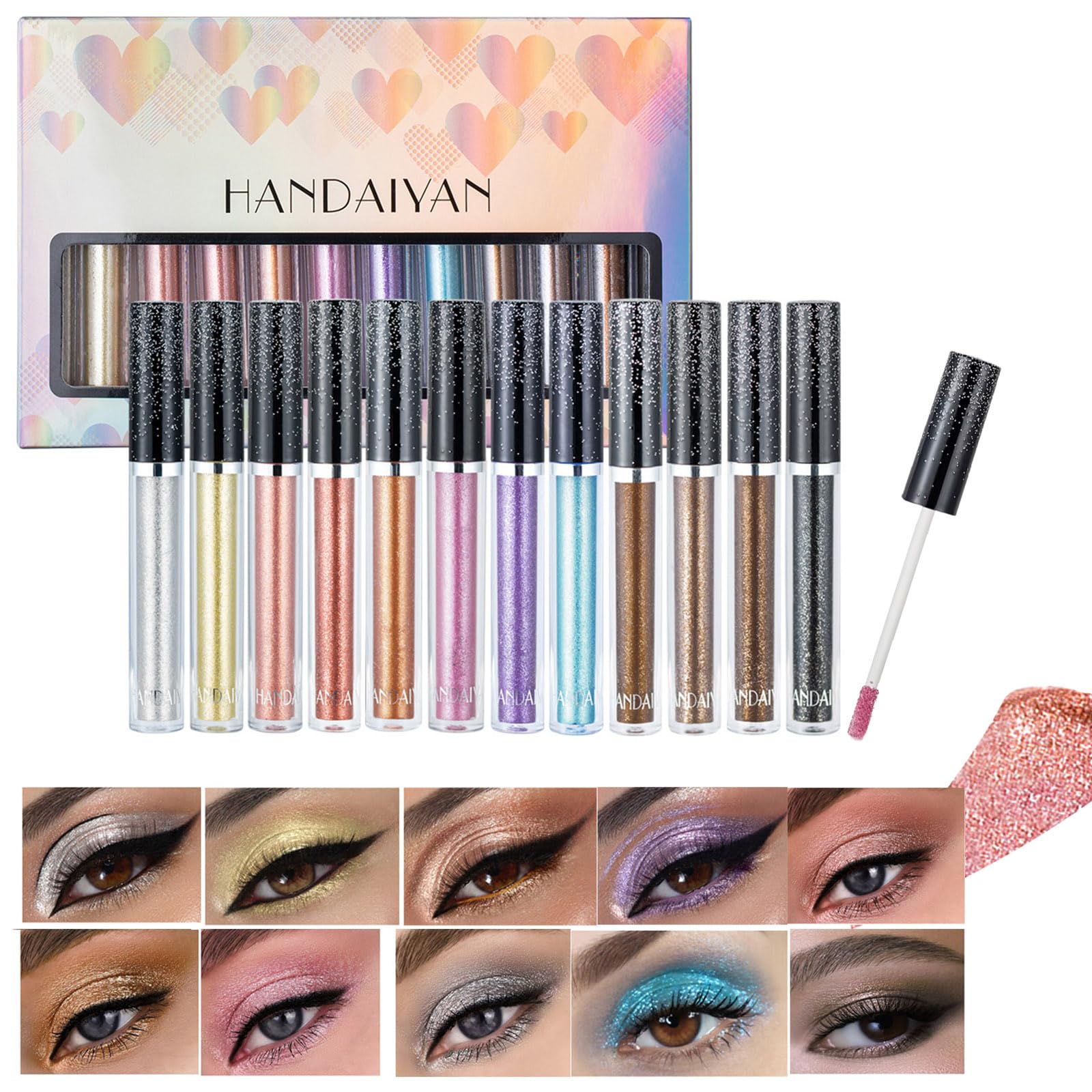 RoseFlower Juego de sombras de ojos líquidas con brillo metálico de 12 colores, camaleón metálico con purpurina brillante, sombras de ojos líquidas brillantes, sombra de ojos de larga duración