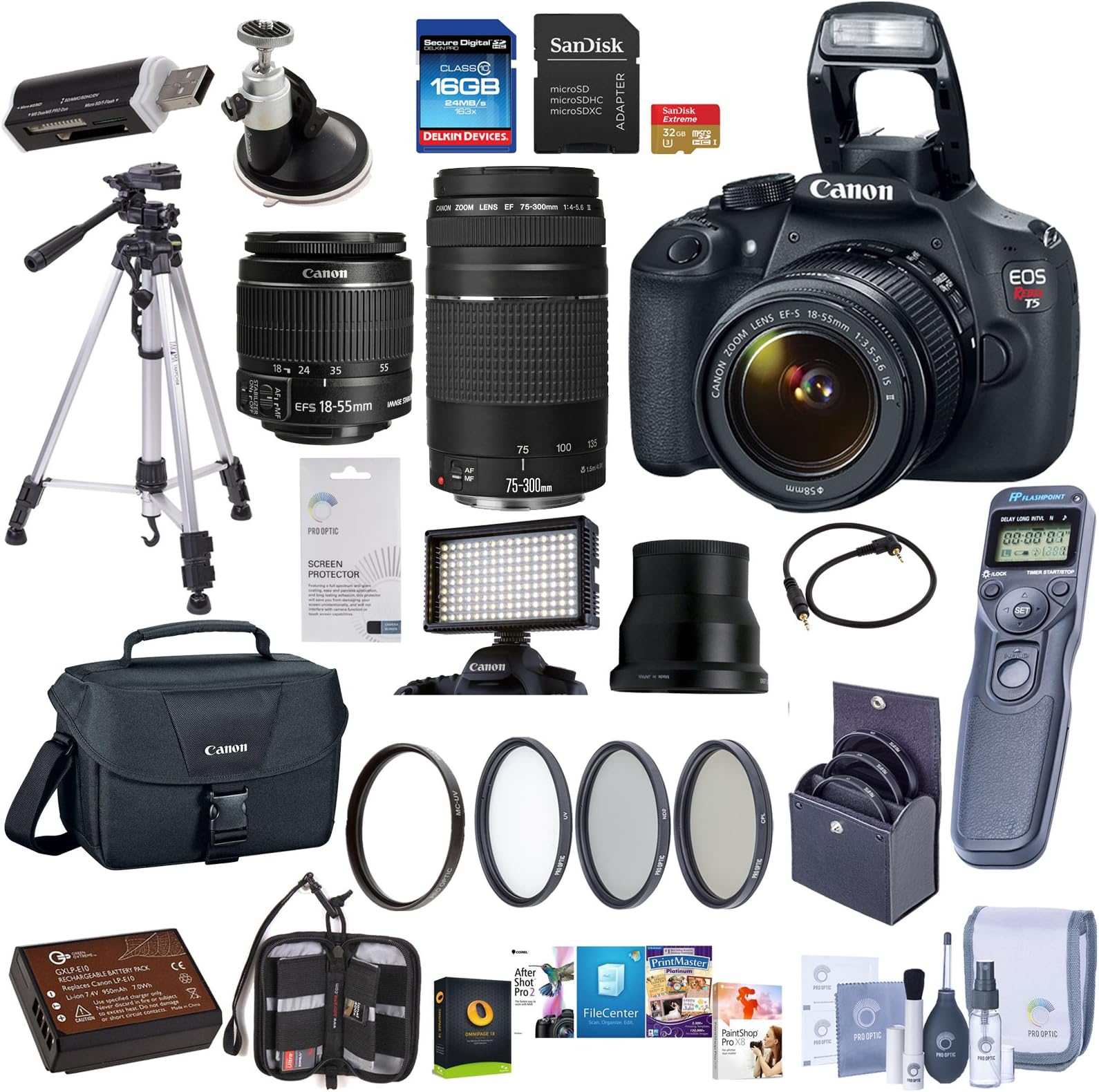 Canon EOS Rebel T5 DSLR Camera 2 Lens Kit with EF-S 18-55mm f/3.5-5.6 IS II and EF 75-300mm F/4-5.6 III Lenses - Bundle - Camera Case 32GB/16GB SDHC Cards, Spare Battery, Tripod, Video Light and More