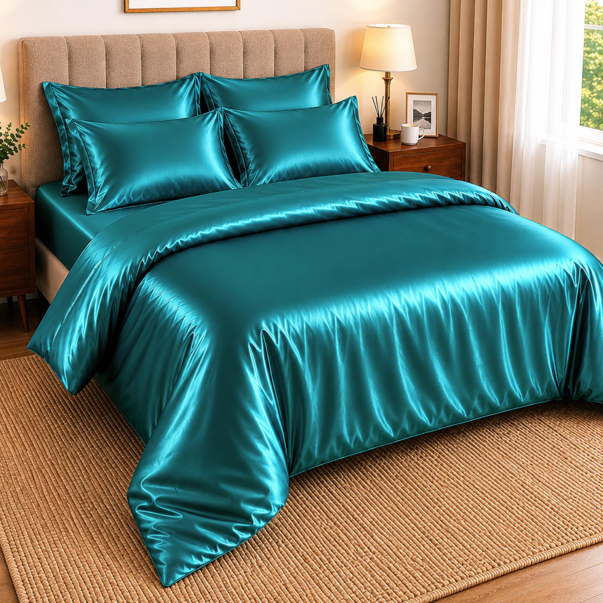 BOSKI LONDON Luxury 6 Piece Satin Silk Bedding Set | Duvet Cover, Deep Fitted Sheet & Pillowcases | Soft Silky Bedding Set Single Double King & Super king Sizes (TEAL, SUPER KING)