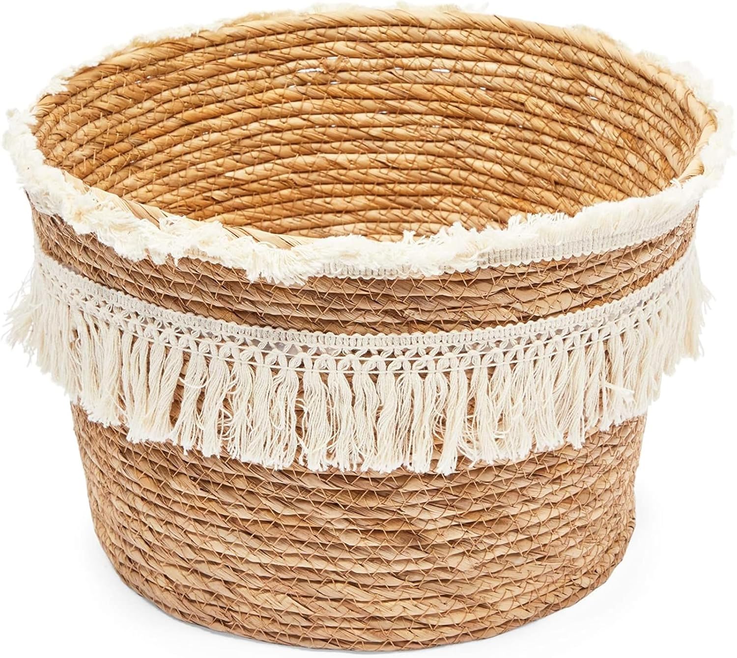 Boho Natural Woven Round Storage Baskets with Fringe, Set of 2