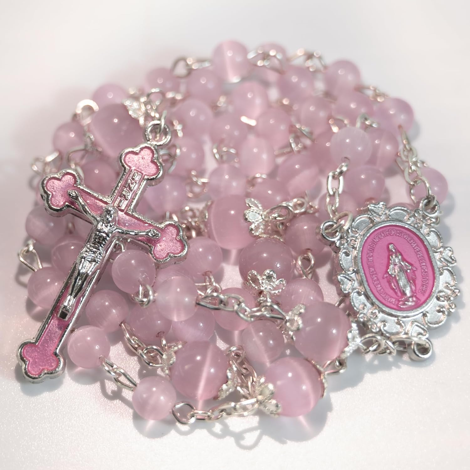 Rosary Necklace for Women - Cat's Eye Beads with Virgin Mary Medal & PU Leather Gift Box, Catholic Miraculous Medal Rosary - Image 2