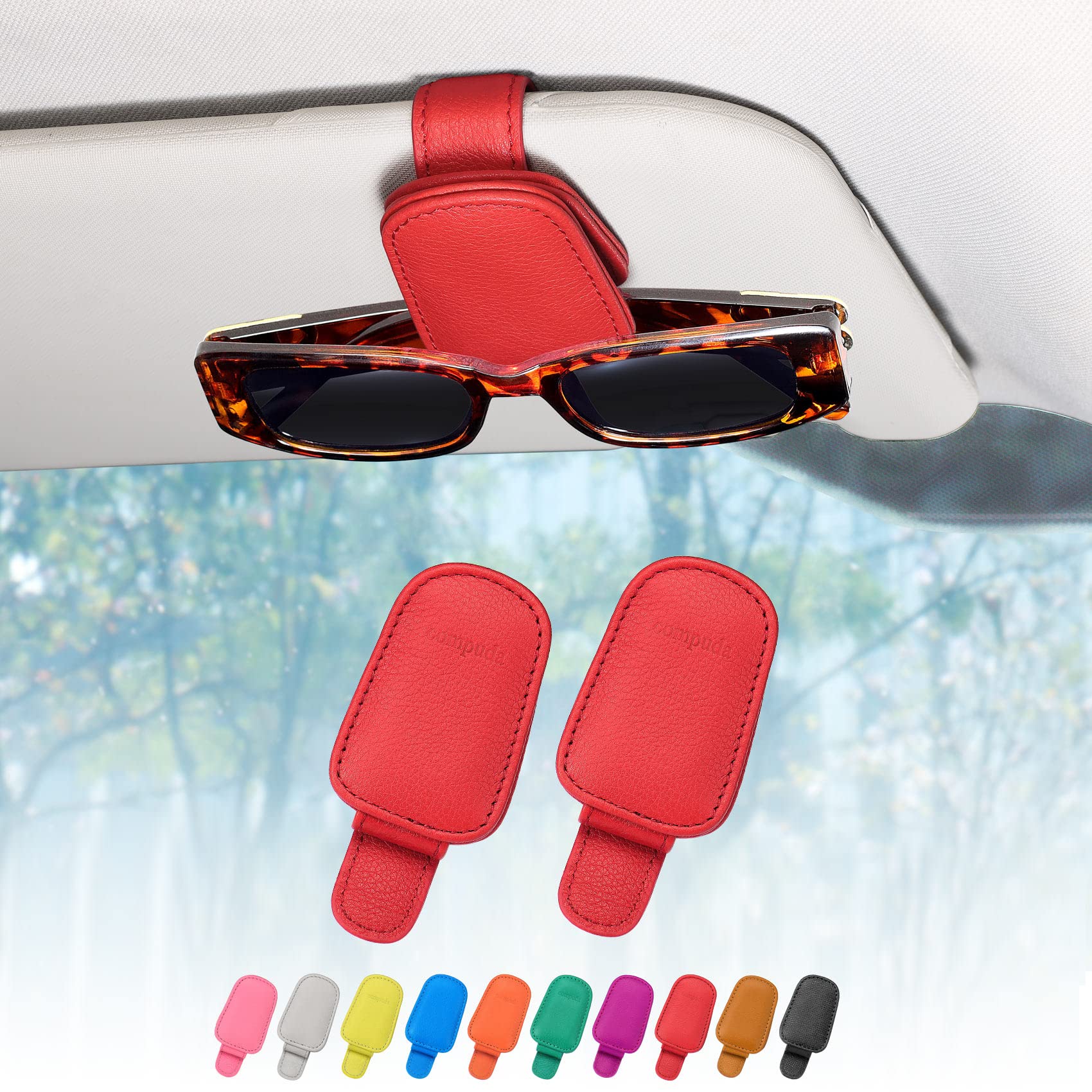 quipuda2 Packs Sunglasses Holder for Car Sun Visor Accessories, Magnetic Geniune Leather Car Sunglass Holder, Glasses Clip for Automotive Eyeglass Hanger, Ticket Card Clip (Red)