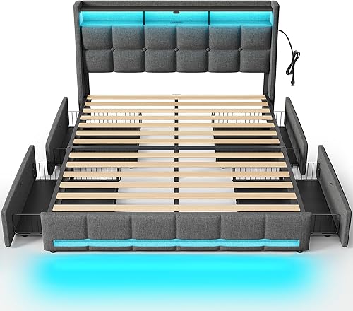 Miniatura 16 de Rolanstar Base de cama de tamaño individual con luces LED y estación de carga, cabecera y cajones tapizados, listones de madera resistentes, fácil