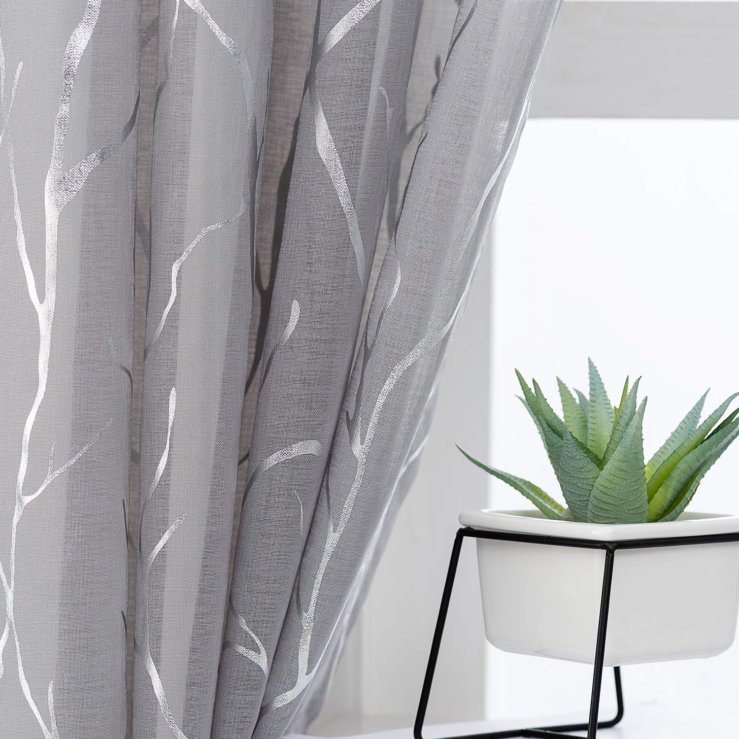 Buy Kotile Grey Sheer Curtains with Tree Pattern Metallic Silver