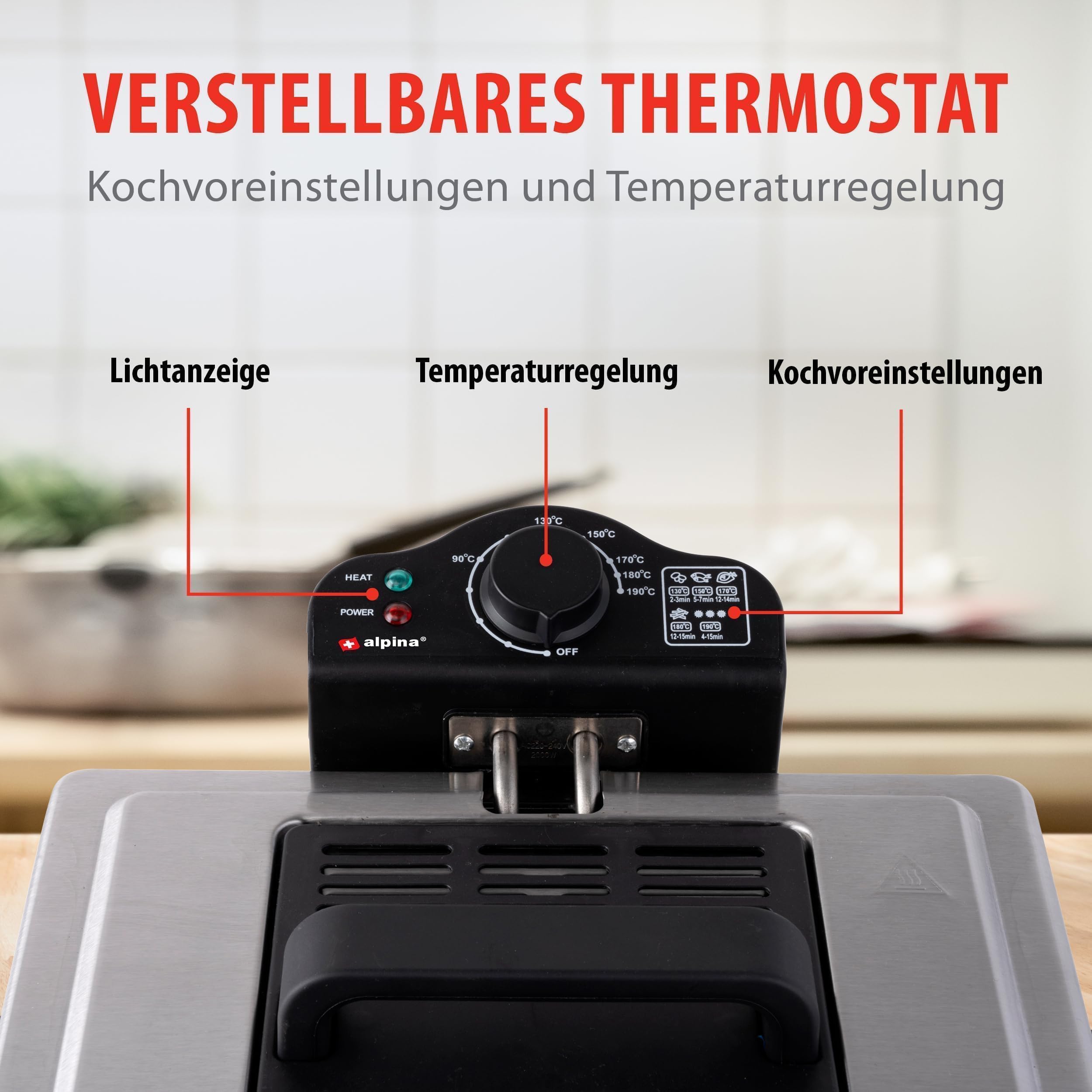 Alpina Friggitrice – 3 cestini – 5 litri – 2000 Watt – Termostato fino a 190 °C – Anti-riscaldamento – Acciaio inossidabile