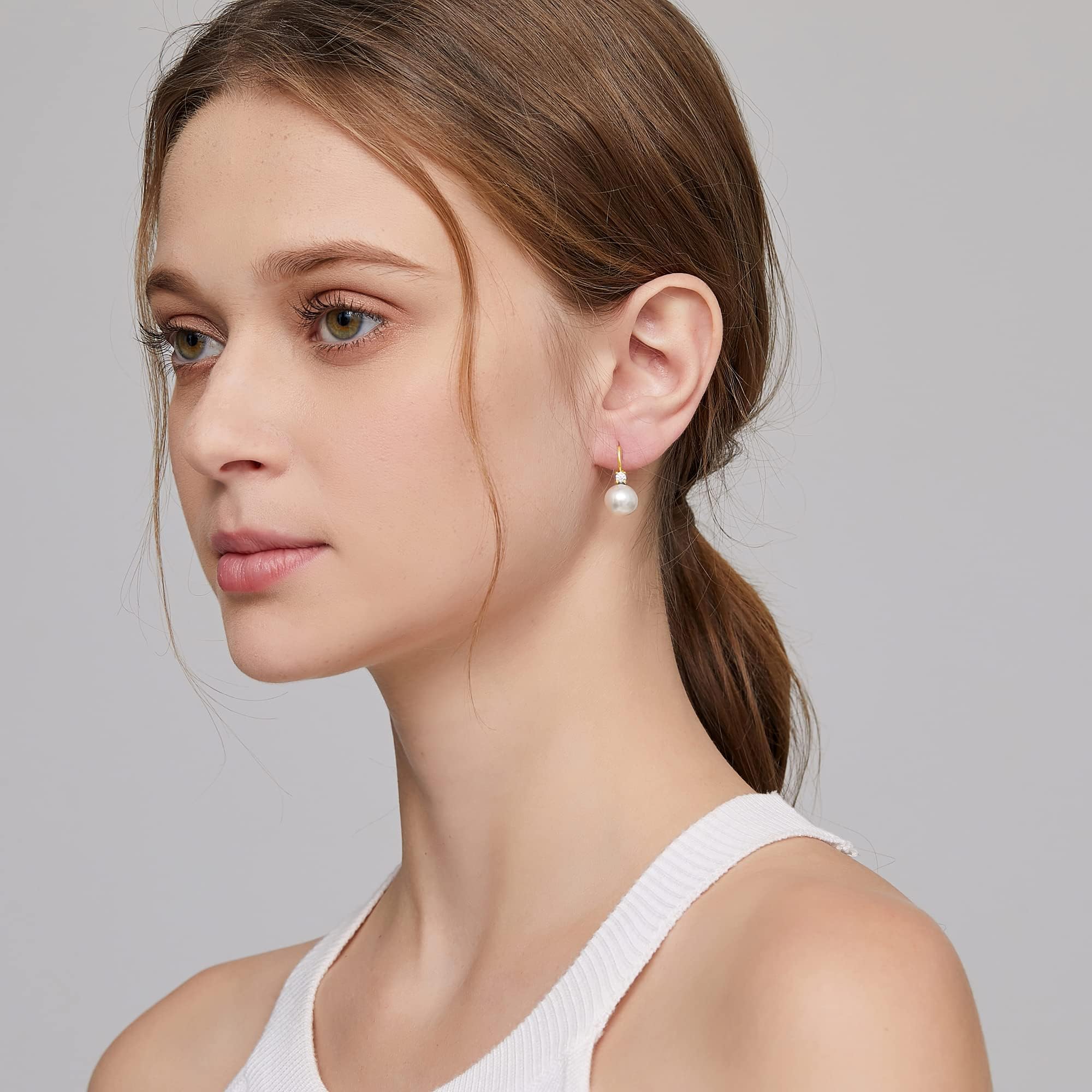 Perlen Ohrringe Hängend 18K Weißgold plattiert S925 Sterling Silber mit Weißen Perlen und AAAAA Zirkonia Kristallen für Damen