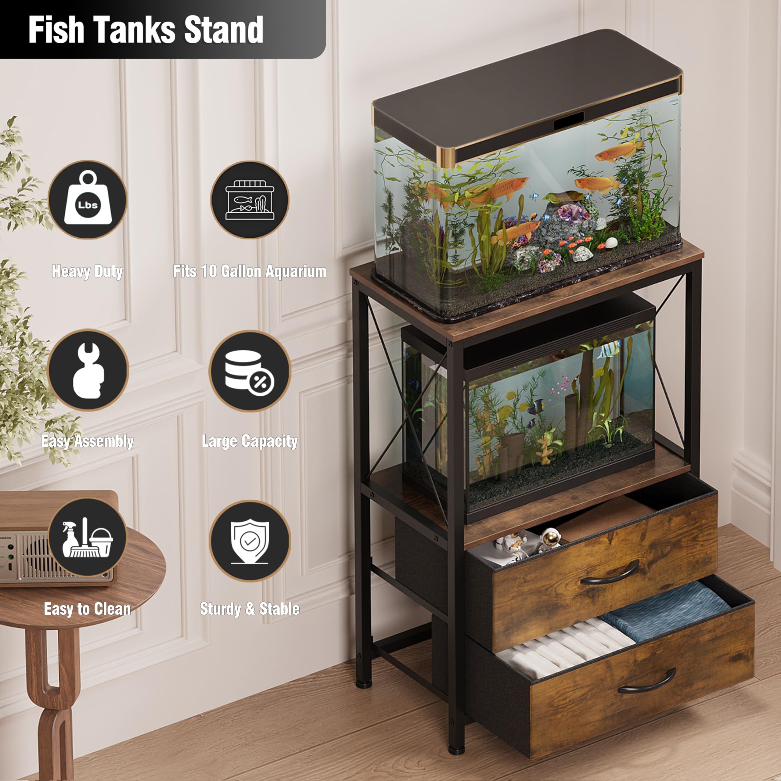 Aquariumständer, 38 L Aquarium-Ständer mit 2 Schubladen, Aquariumregal für 40 L Fisch, Schildkröten & Reptilienbecken, 2-stöckiger Aquarium Tisch, Rustikal Braun