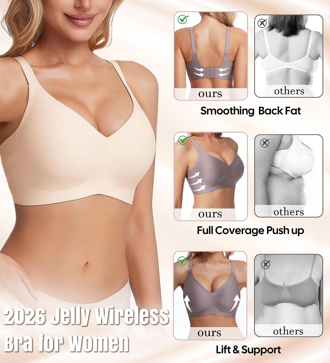 VRCOMFY Jelly Wireless Bras for Women Push Up Seamless Bras No Underwire Bra with Adjustable Straps Everyday Bras