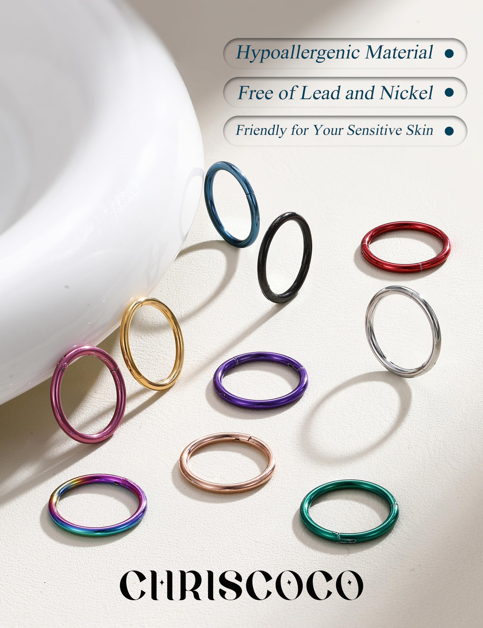10 pz 16/18G Anello al Naso Incernierato Acciaio Chirurgico Naso Clicker Anello Hoop Segmento Labbro Elica Cartilagine Setto Daith Tragus Helix Rook Orecchini A Cerchio Piercing