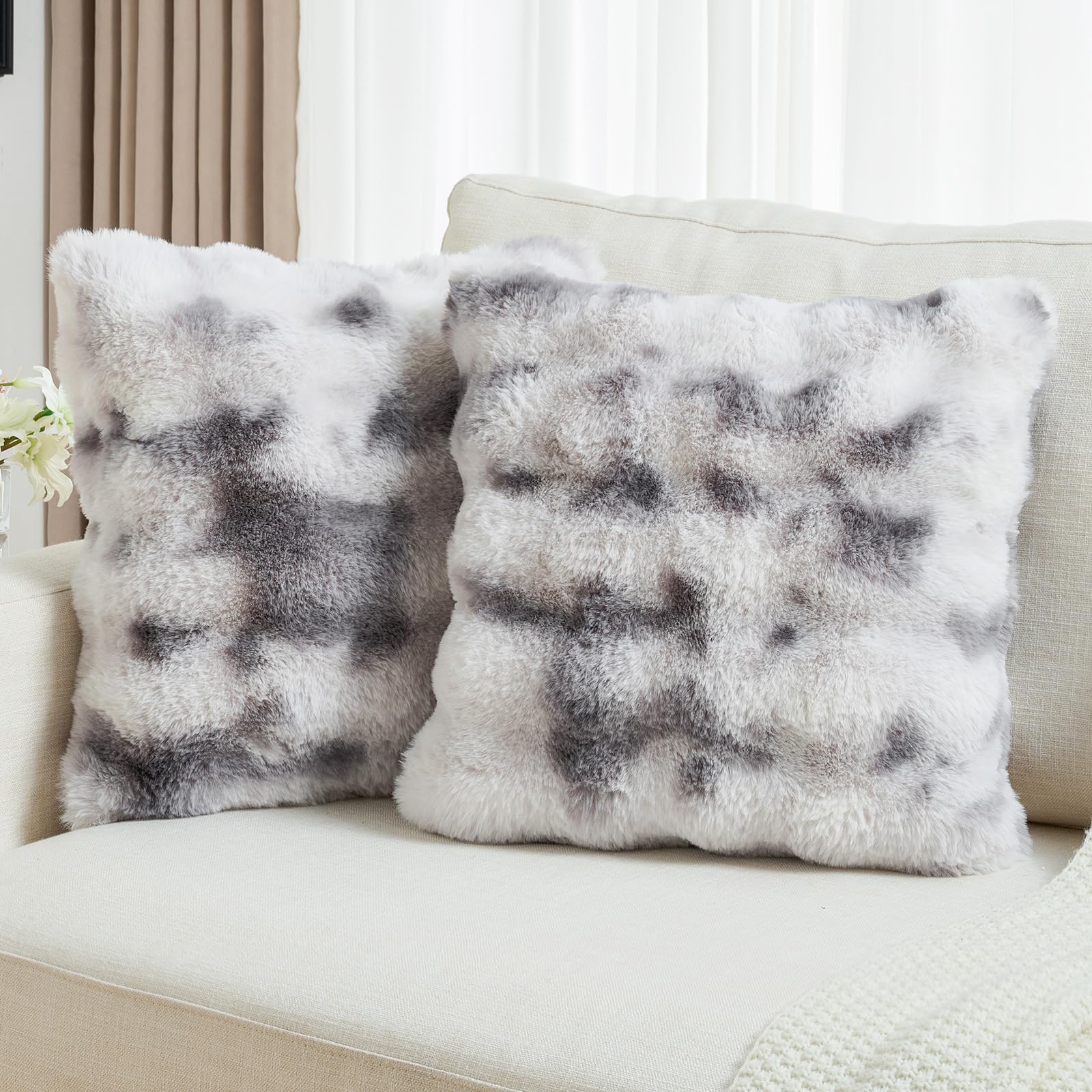 FUTEI Set of 2 Fluffy Faux Rabbit Fur Cushion Covers 55 x 55 cm,Grey White