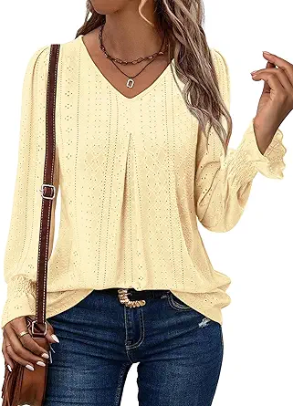 KISSMODA Long Sleeve Fall Shirts For Women V Neck Tunic Tops Embroidered Button Down Knitted Blouses 2025