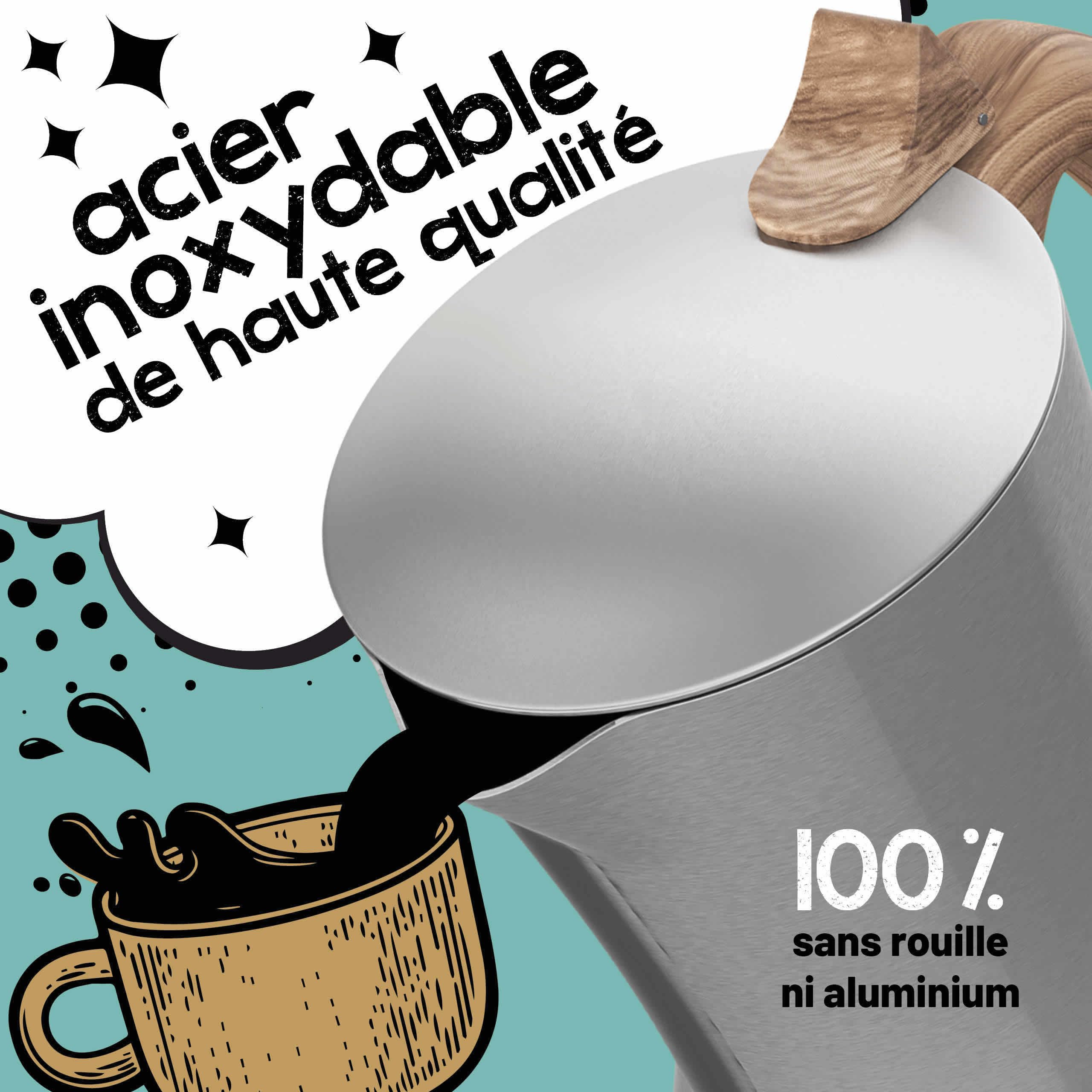 Morgenheld FLOW Cafetière italienne en acier inoxydable 4 tasses (200 ml) – pour induction, gaz, électrique et céramique – sans aluminium, insert amovible lavable au lave-vaisselle