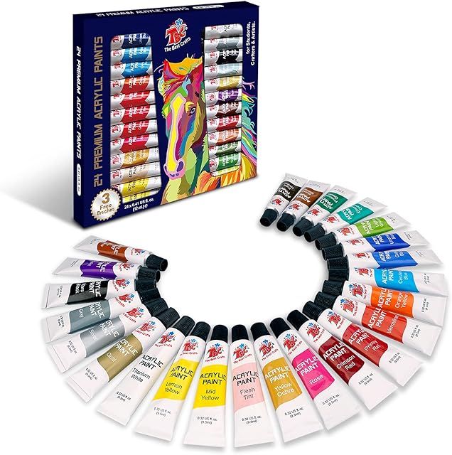 TBC Acrylic Paint Set for Professional Artists, Kids Beginners Painting Craft on Paper, Canvas, Rock, Wood, Ceramic, Glass - Set of 24 Tubes (22 Basic & 2 Metallic Co lours)
