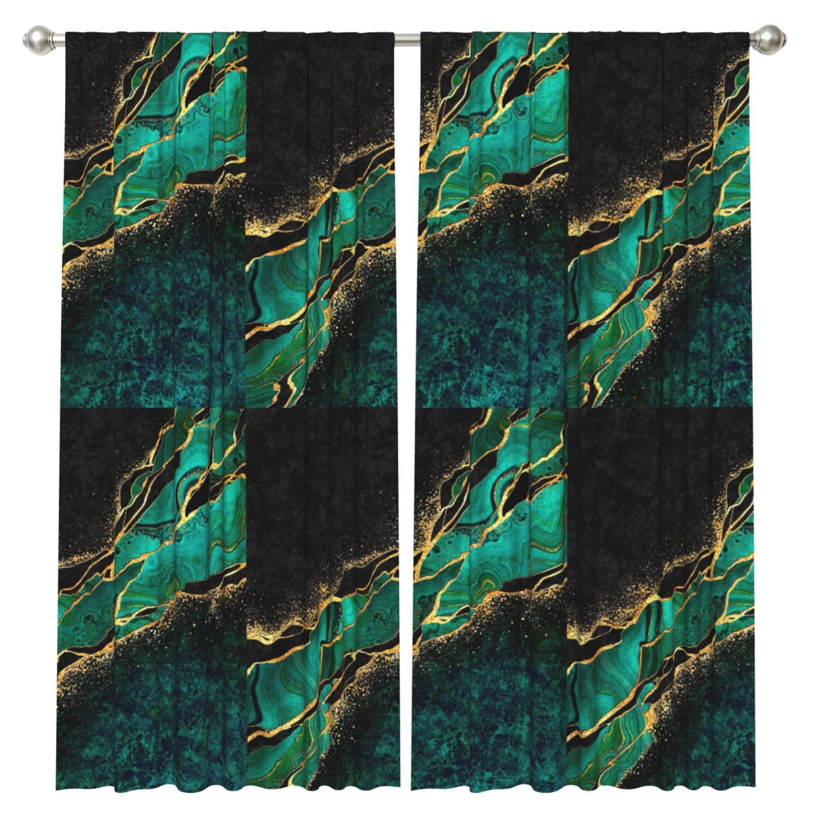 InOmak Black Teal Marble Green Malachite With Golden Veins Gold Spots, 2 Panels Window Curtains 52 x 84 Inch Blackout Curtains for Living Room Bedroom