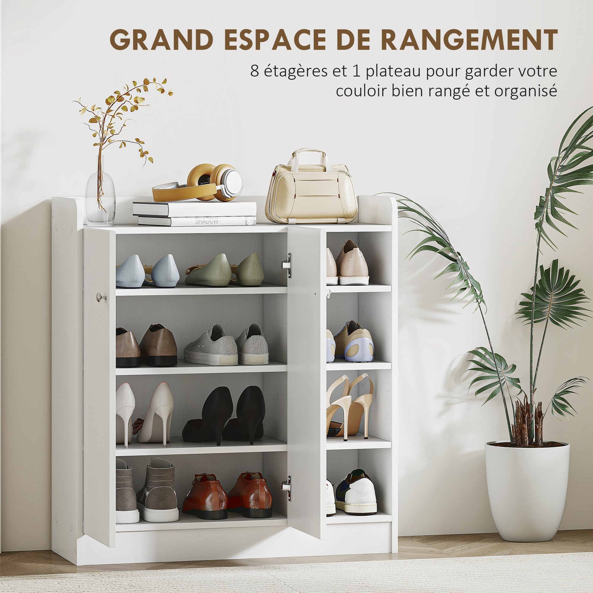 HOMCOM Meuble de Rangement à Chaussures 12 Paires 83L x 30l x 90H cm Blanc | Armoire à Chaussures, 4 Compartiments Ouverts, Placard Double Porte, Étagère Réglable