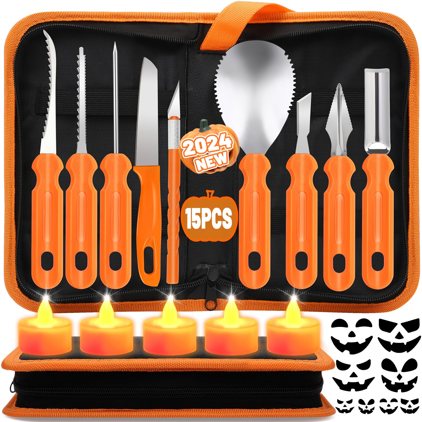 Pumpkin Carving Tools, 41 PCS Professional Pumpkin Carving Kit for Adults & Kids with LED Candles, Heavy Duty Stainless Steel Pumpkin Cutting Knife Supplies for Halloween Decoration Jack-O-Lantern