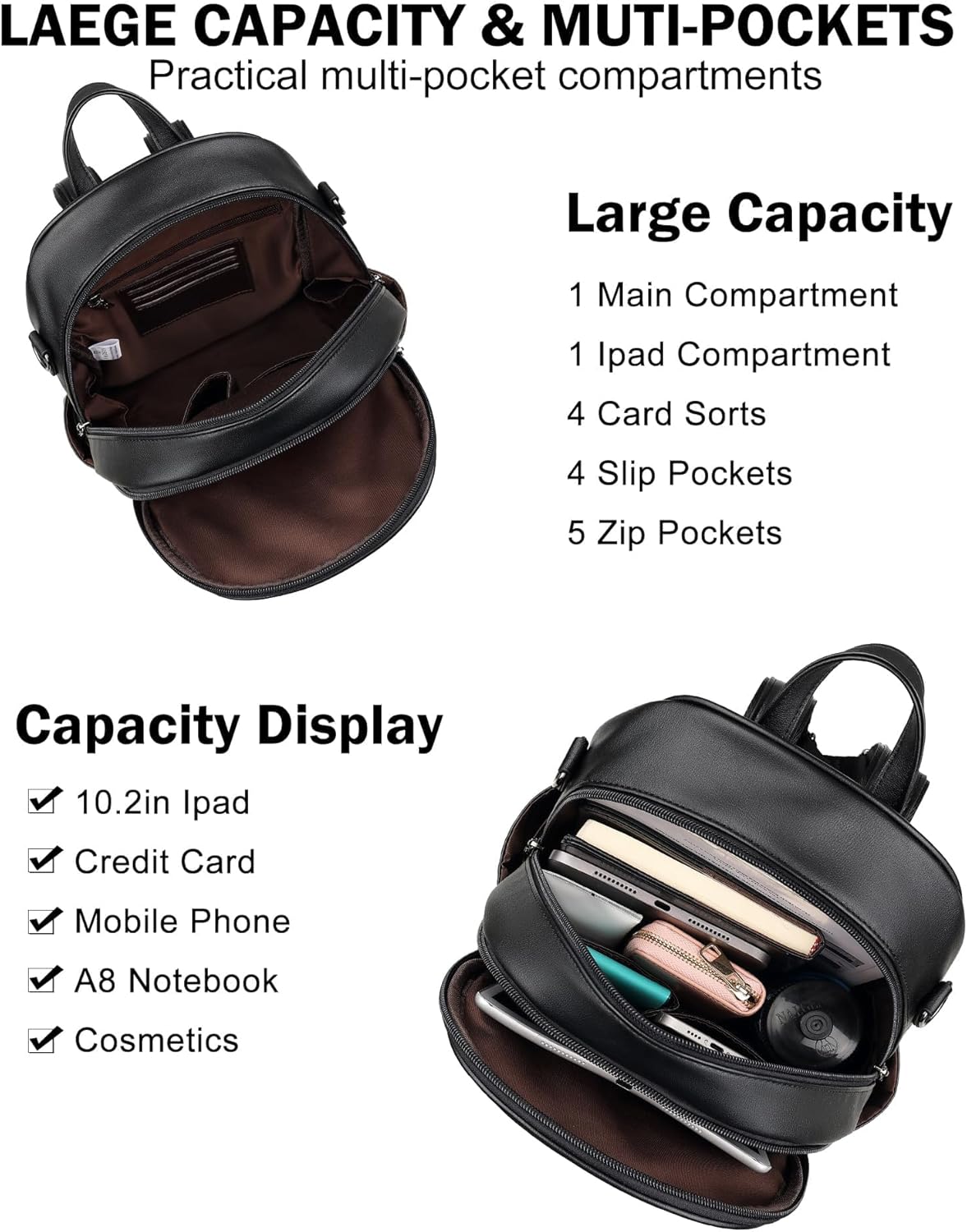 FADEON Small Backpack Purse for Women Designer PU Leather Roomly Mini Backpacks Multi Pocket Fashion Shoulder Backpack - Image 5
