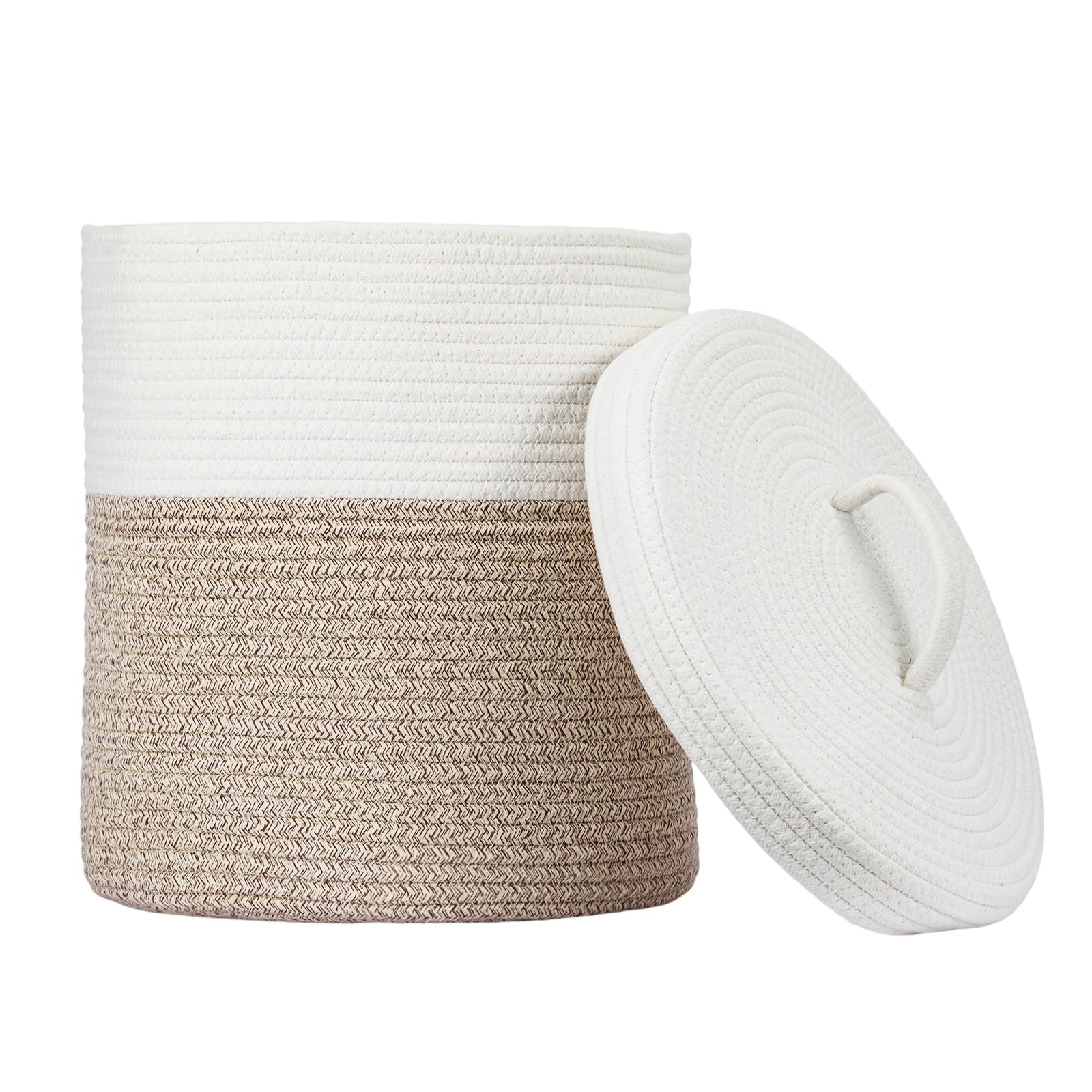 SUNNYNEST Round Woven Storage Basket with Lid – Gray & White Fabric Organizer Bin, Stackable Laundry Basket for Closet, Bathroom, or Living Room Storage (Brown)