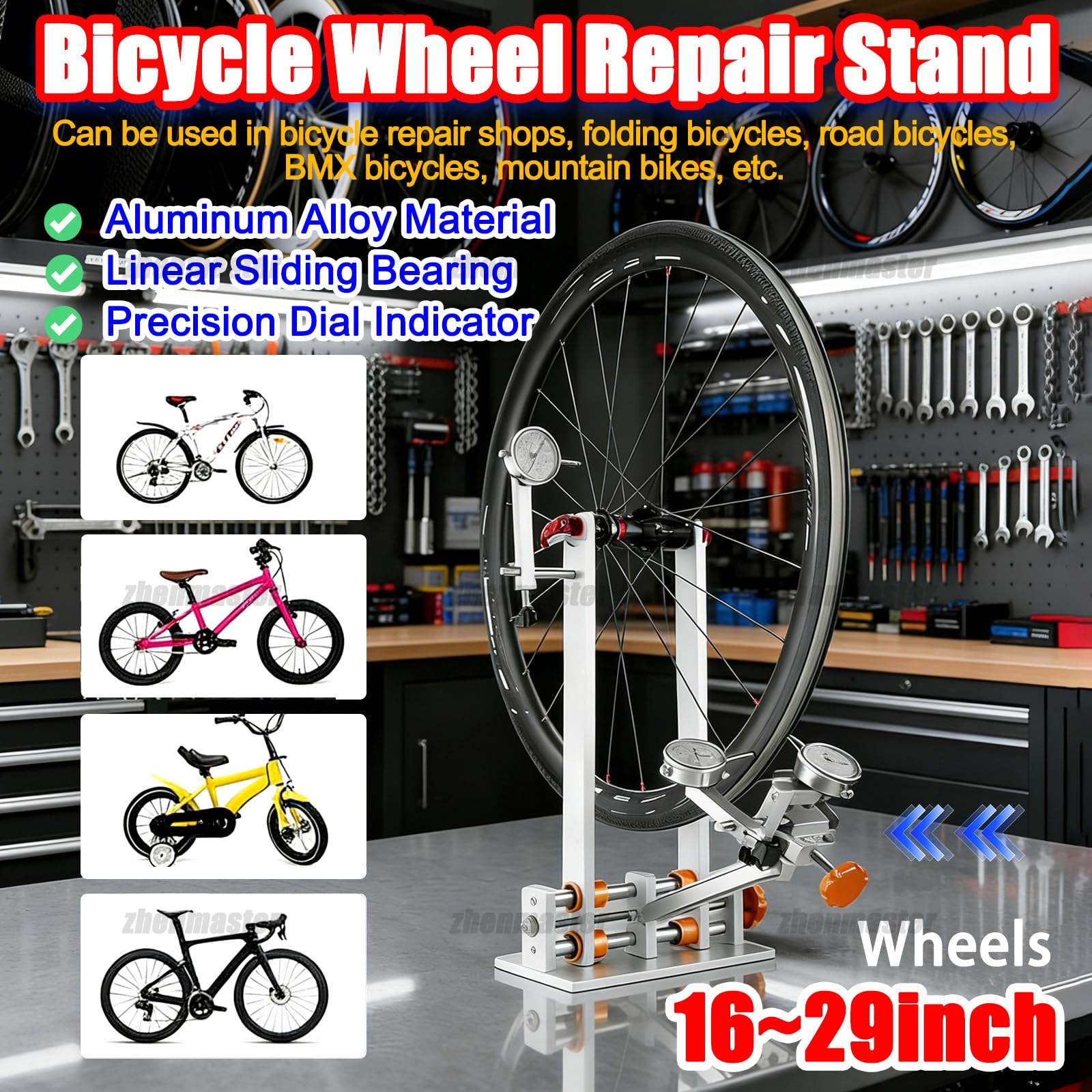 Soporte Profesional para Centrar Ruedas de Bicicleta, Herramienta de Alineación de Llanta de Aleación de Aluminio con 3 Medidores, Llave de Radios para Ruedas de 16 a 29 Pulgadas(Gold)