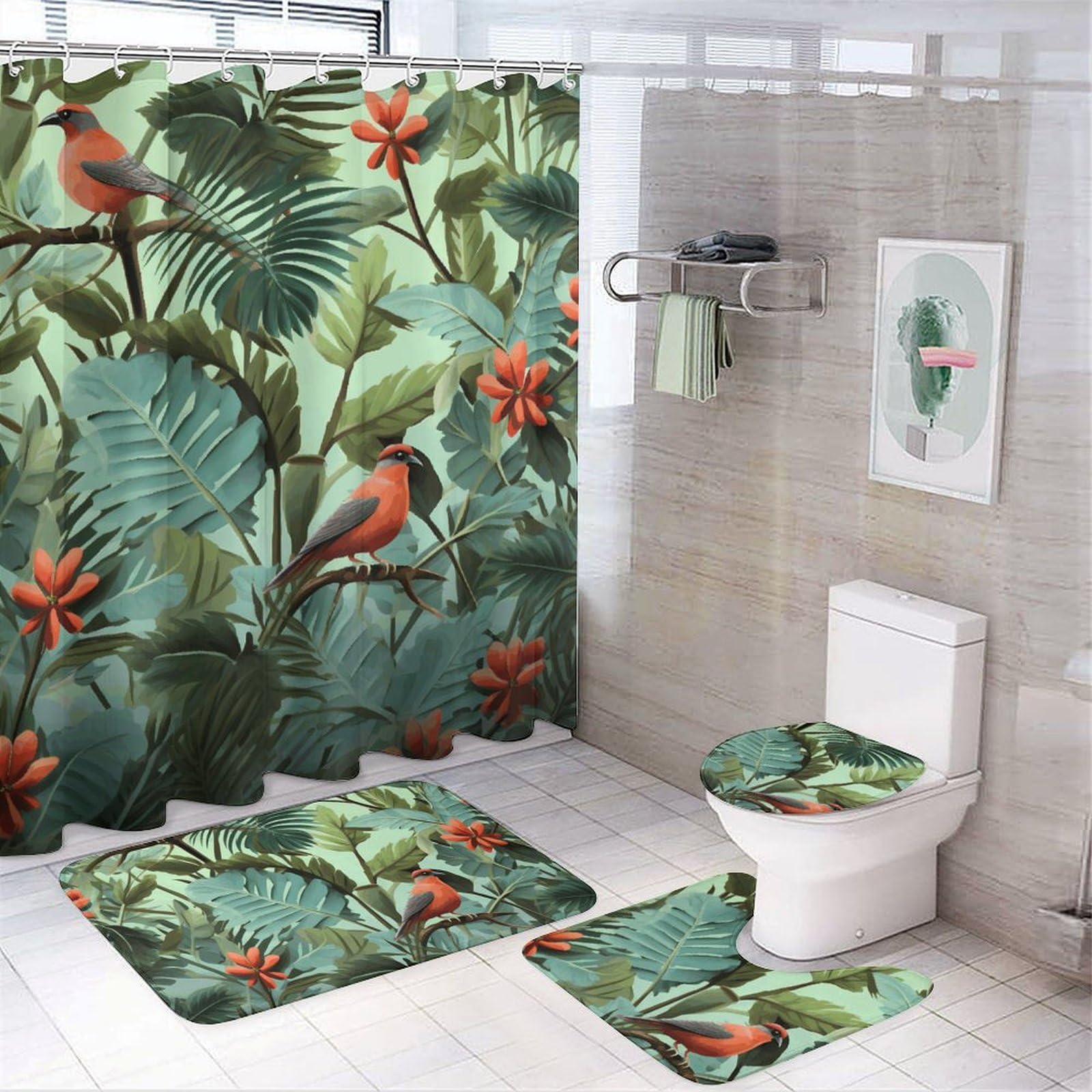 Rideau de douche tropical et tapis en polaire pour une salle de bain chic