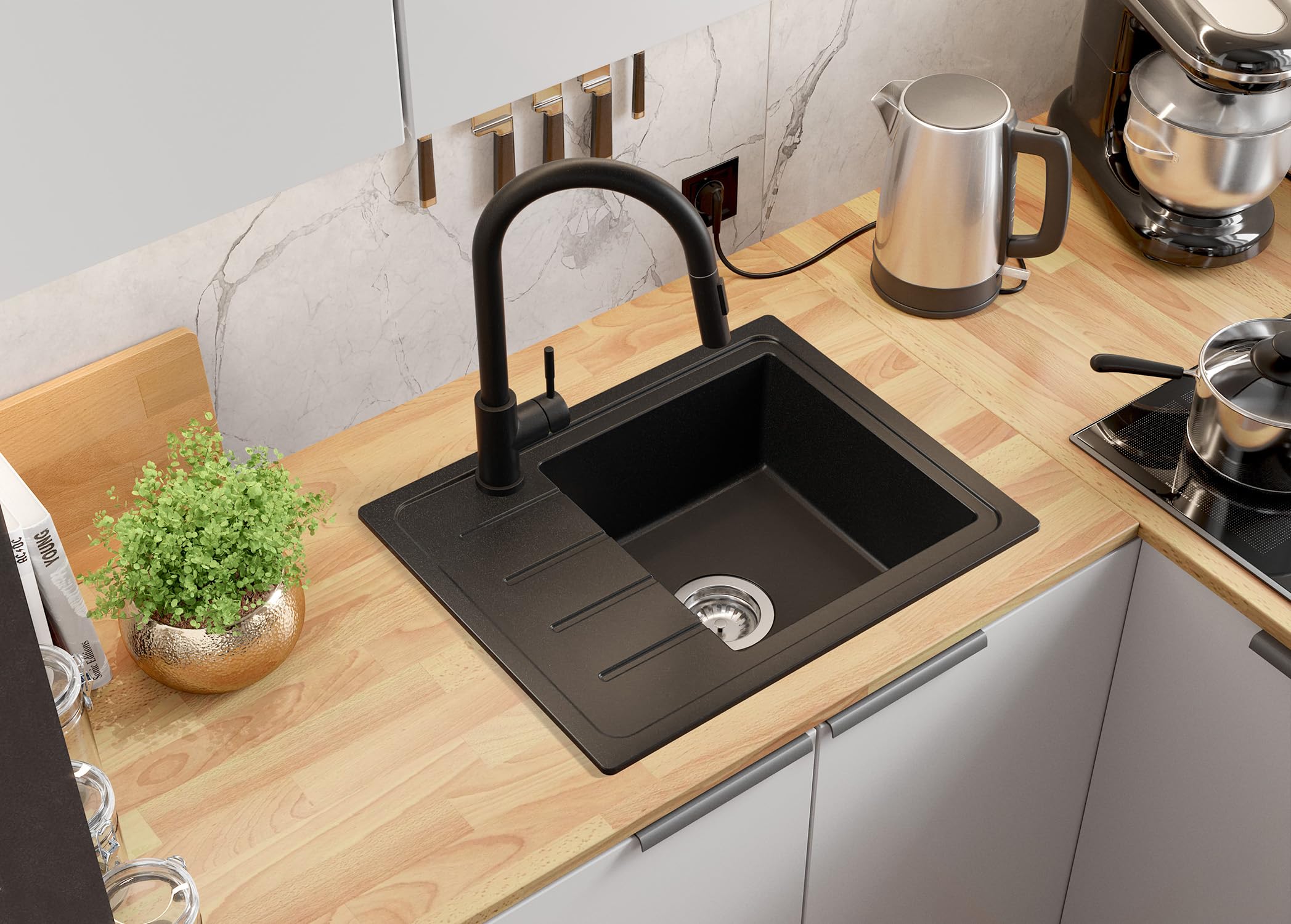 PRIMAGRAN Evier Cuisine en Granit Noir 55x44cm, Lavabo 1 bac + Robinet 40x38cm + Kit de Vidage, Évier à Encastrer au Meuble 45cm - Copenhague Easy S027