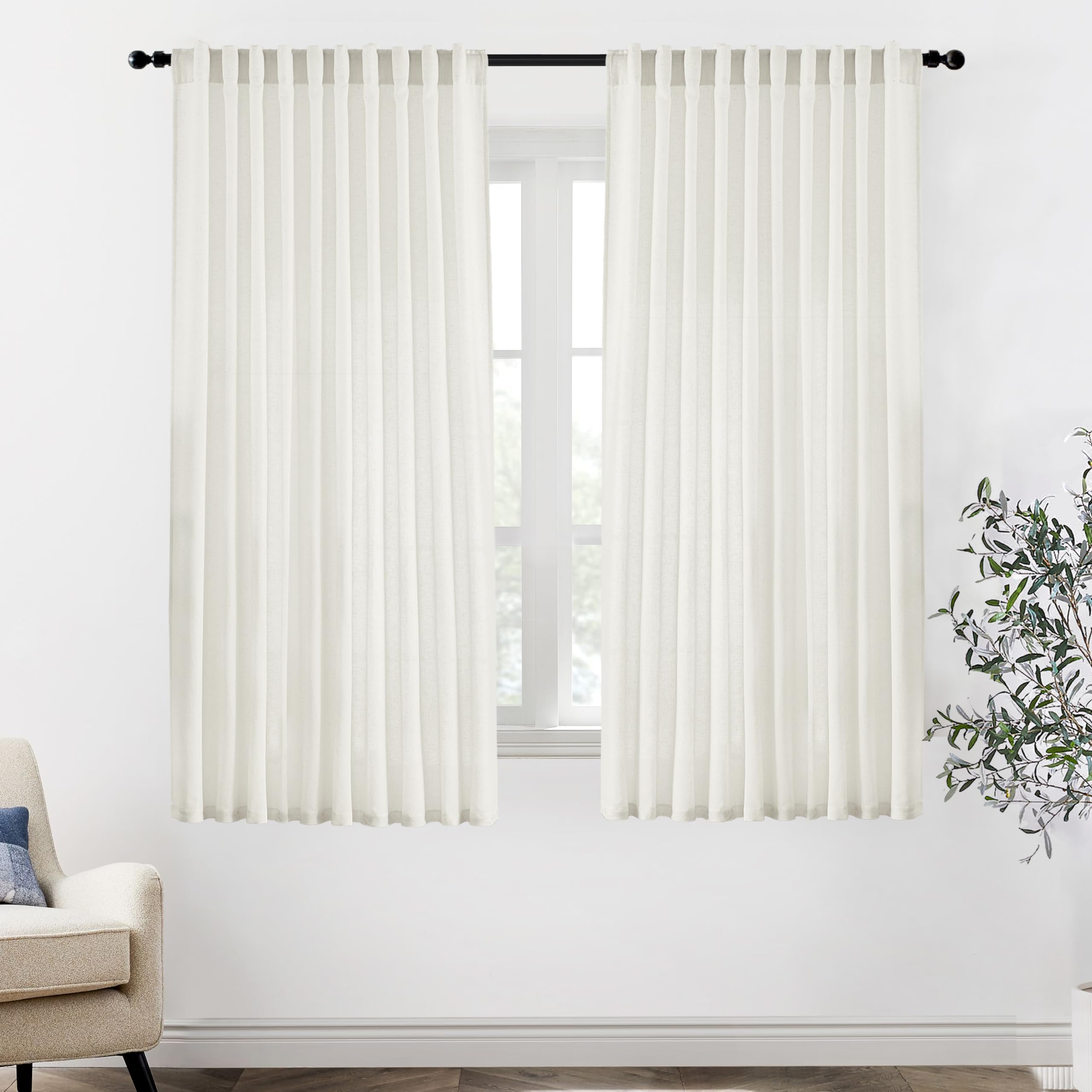 XTMYI 70 x 63 Inch Length Living Room Curtains,Linen Short Wide Bay Window Curtains for Bedroom,Set of 2 Panels,70x63 in Long,Cream Ivory