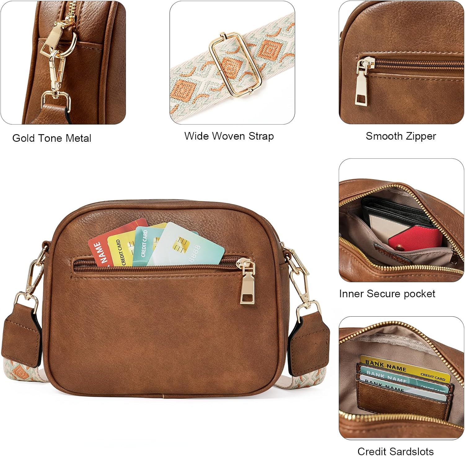 GOIACII Crossbody Bags 6-Pockets Purses for Women Vegan Leather Purses Small Shoulder Handbags with Wide Strap - Image 4