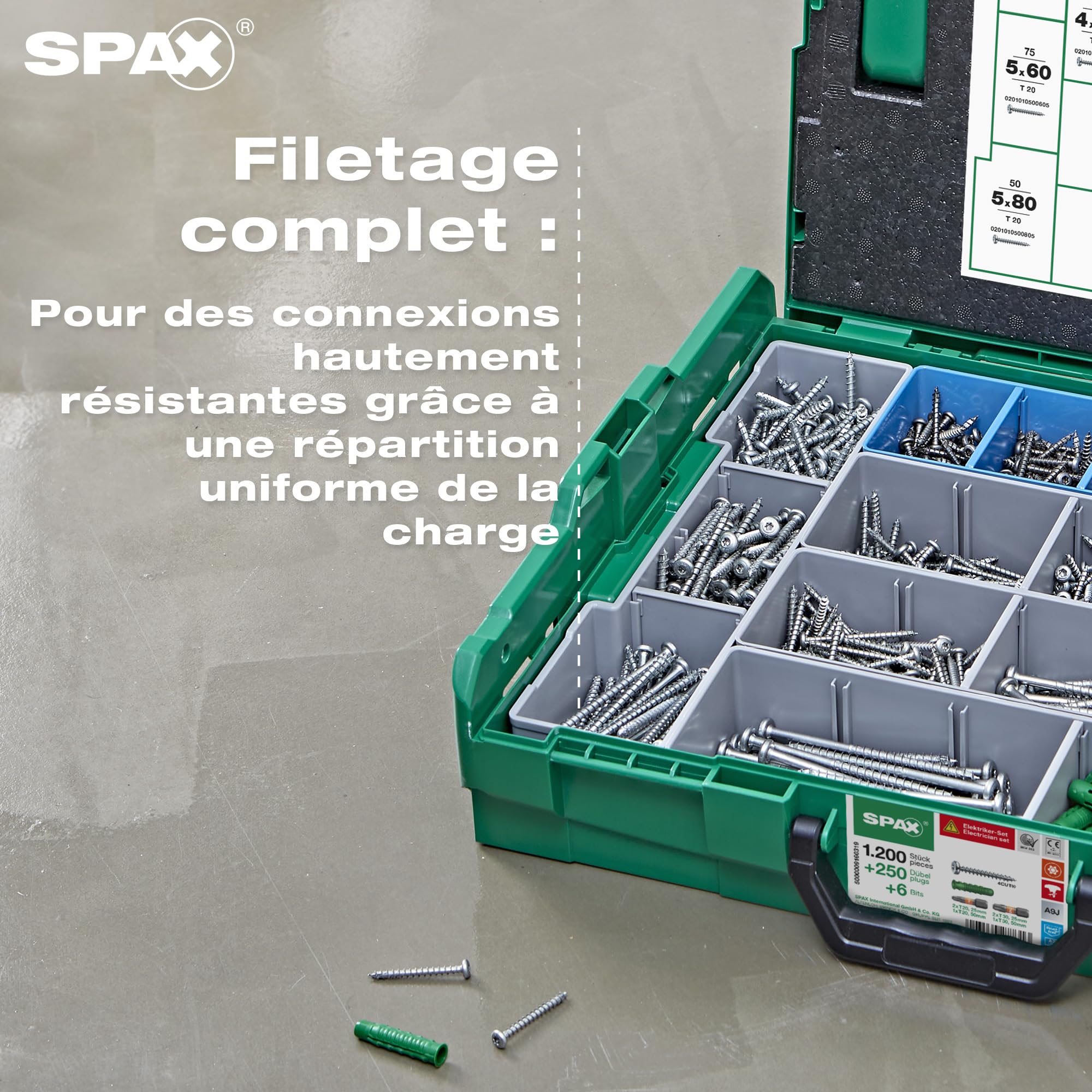 Mallette de montage SPAX pour électriciens L-BOXX grande - 1 200 vis à tête demi-ronde en 14 tailles, WIROX A9J et acier inoxydable A2, 250 chevilles, 6 embouts T-STAR plus et niveau à bulle