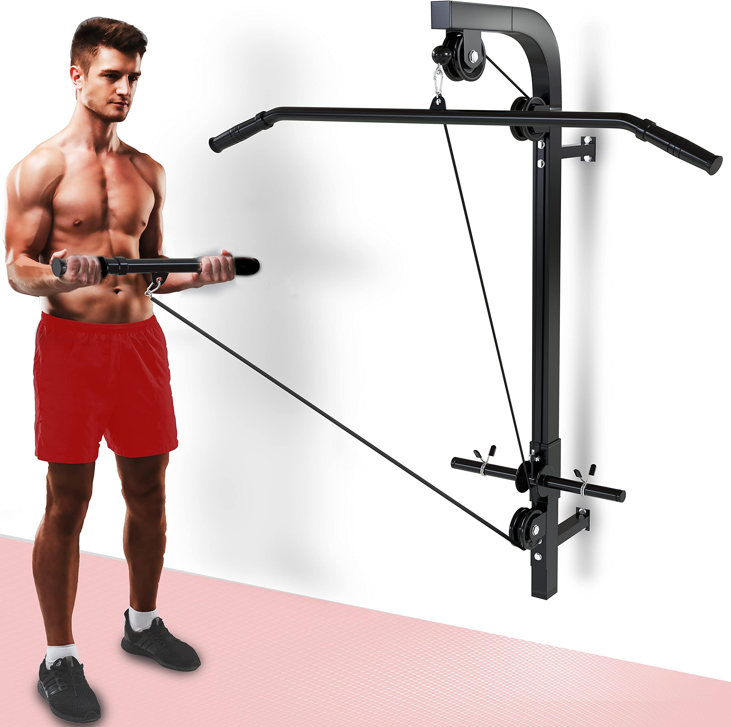 Senshi Japan Home Wall Mounted Cable Machine Pulley System | Multi Gym For Homes, Garage, Gyms, etc. | Lifts up 200KG | Comes With Lat Pull Down Bar and Straight Bicep Tricep Curl Bars