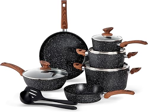 DishDelight Juego de ollas y sartenes de inducción antiadherentes, juego de utensilios de cocina antiadherentes de 12 piezas, juego de cocina de