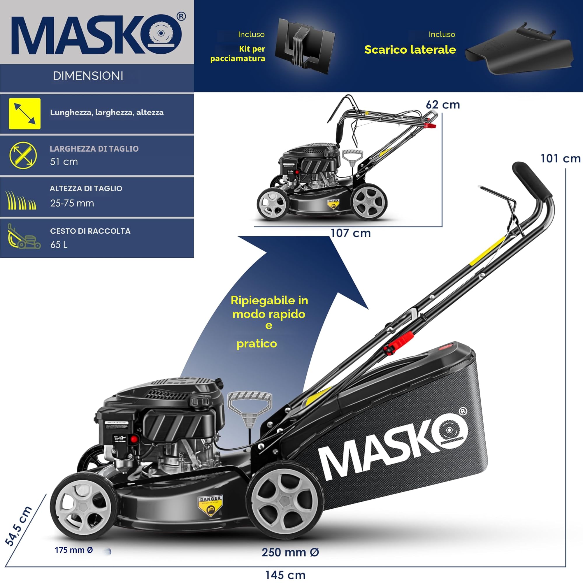 MASKO Tosaerba a benzina 5 in 1, larghezza di taglio 51 cm, regolazione dell'altezza di taglio 8 volte, motore OHV a 4 tempi, 6,0 CV, cestino di raccolta da 65 litri, incluso kit per pacciamatura
