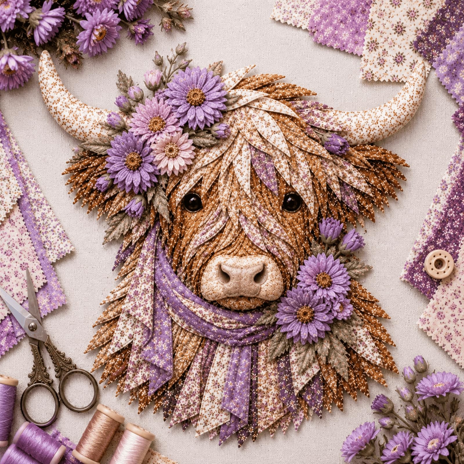 Birth Flower Highland Cow 3D Layered Fabric Art DIY Kit for Adults (B1PC) — image 1