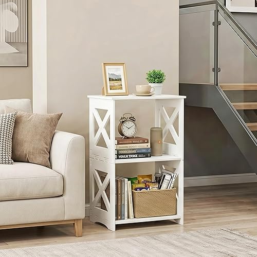 Miniatura 2 de BYFU Juego de 2 mesas auxiliares de 3 niveles, mesa auxiliar estrecha con estante de almacenamiento, mesita de noche blanca, mesita de noche,