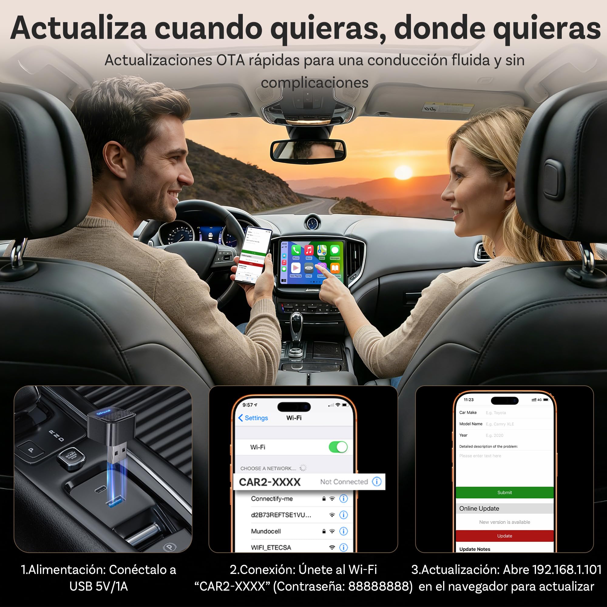 Ottocast Mini Core 2026 Adaptador CarPlay Inalámbrico y Android Auto, Plug & Play, Cambio de móvil con un botón, WiFi 6 + BT 5.4, Reconexión automática, para iPhone 6+ (iOS 10+) y Android 11+